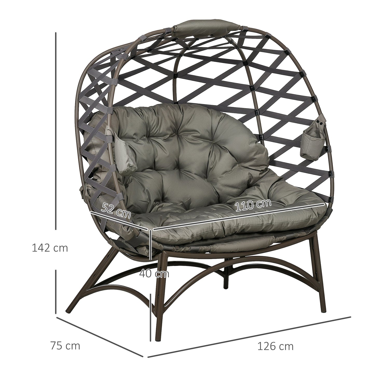 Egg Chair Outdoor, 2 Seater Folding Weave Garden Furniture Chair with Cushion, Cup Pockets for Patio Balcony - Sand Brown