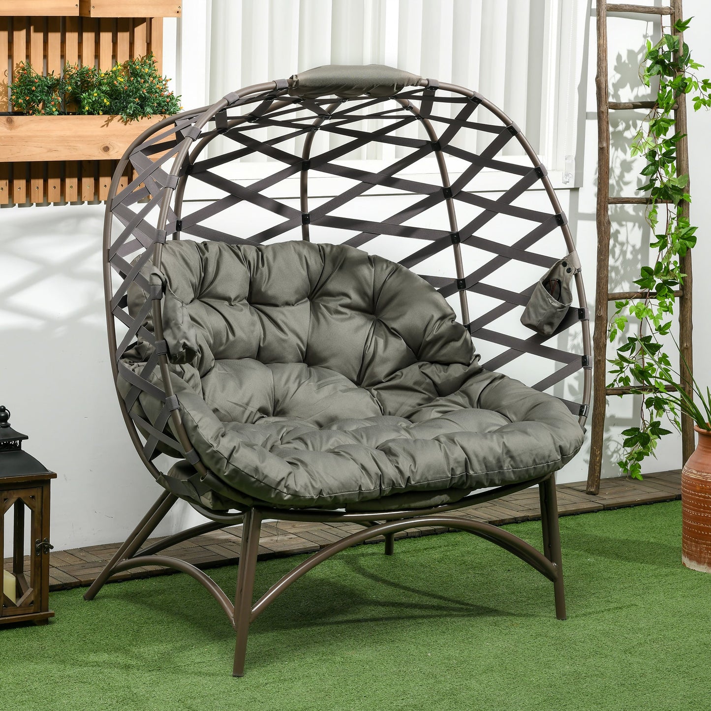Egg Chair Outdoor, 2 Seater Folding Weave Garden Furniture Chair with Cushion, Cup Pockets for Patio Balcony - Sand Brown