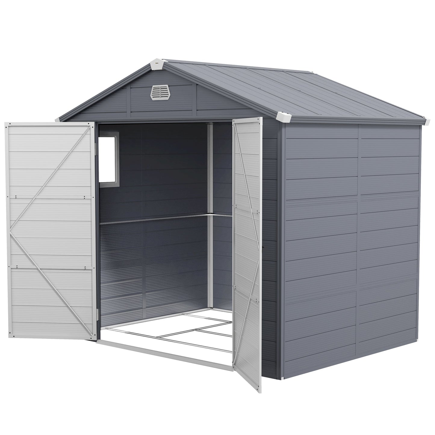 8 x 6ft Plastic Garden Storage Shed with Foundation Kit, Polypropylene Outdoor Storage Tool House with Ventilation Slots and Lockable Door, Grey