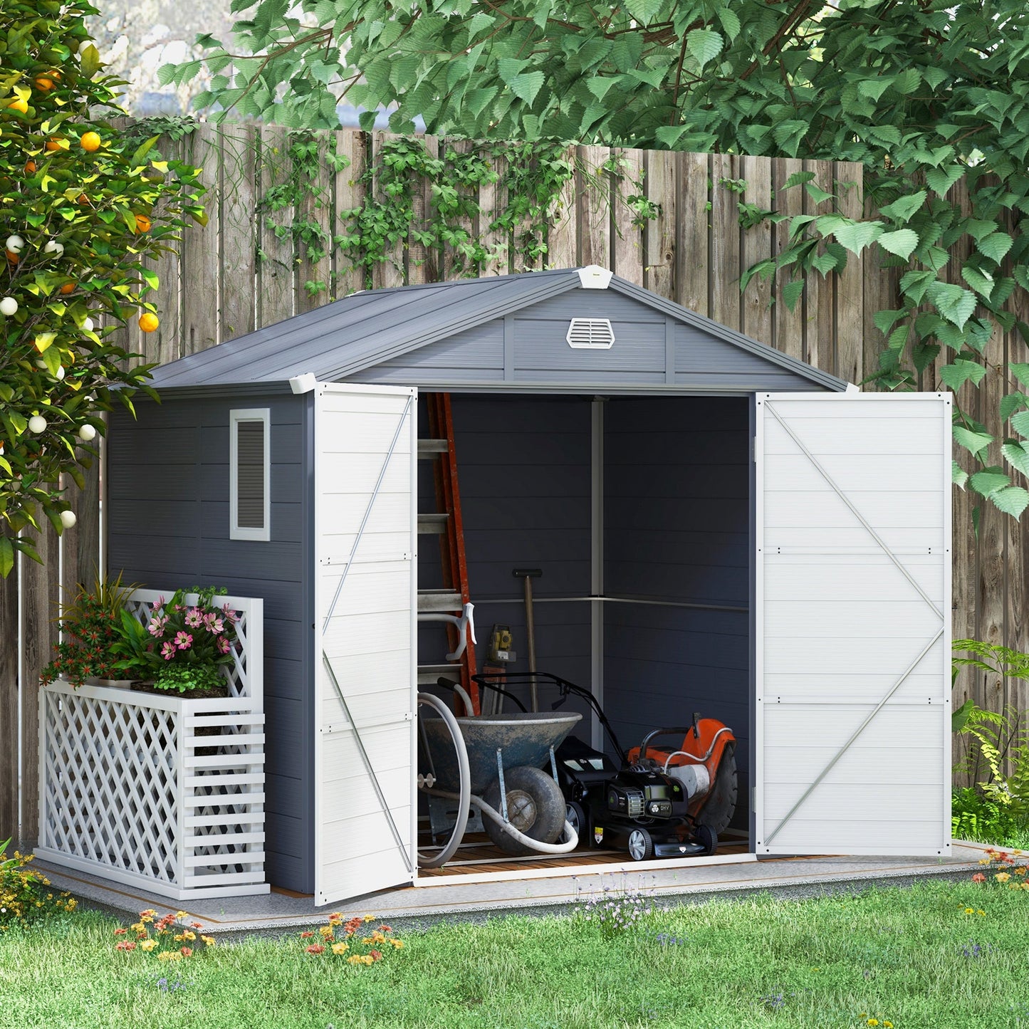 8 x 6ft Plastic Garden Storage Shed with Foundation Kit, Polypropylene Outdoor Storage Tool House with Ventilation Slots and Lockable Door, Grey