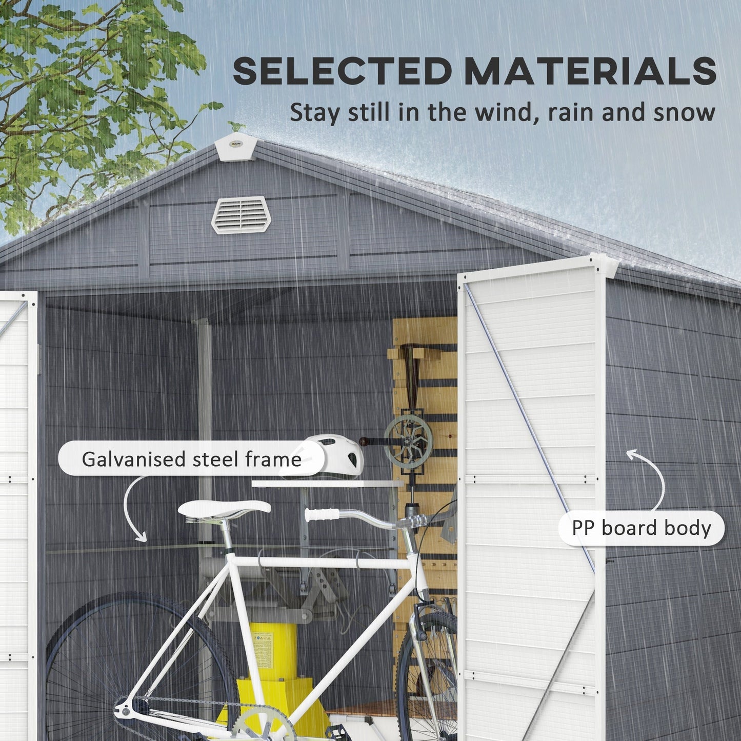 8 x 6ft Plastic Garden Storage Shed with Foundation Kit, Polypropylene Outdoor Storage Tool House with Ventilation Slots and Lockable Door, Grey