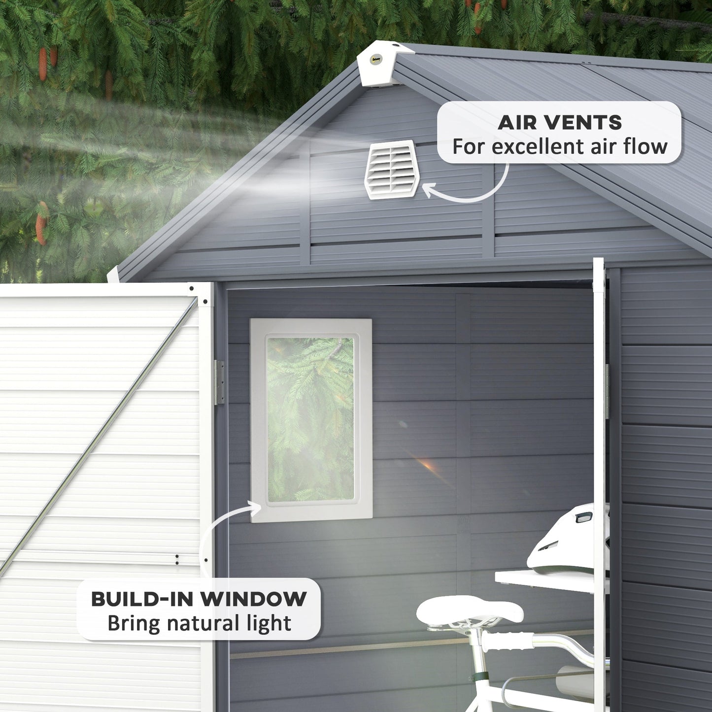 8 x 6ft Plastic Garden Storage Shed with Foundation Kit, Polypropylene Outdoor Storage Tool House with Ventilation Slots and Lockable Door, Grey