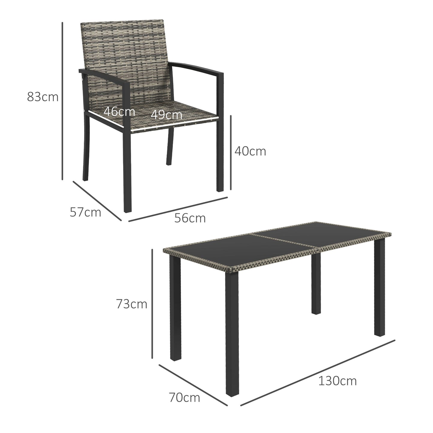 4 Seater Rattan Dining Set with Rectangular Glass Top Table and 4 Armchairs, PE Rattan Garden Furniture Set, Outdoor Dining Table and Chairs for Patio, Balcony, Lawn, Mixed Grey