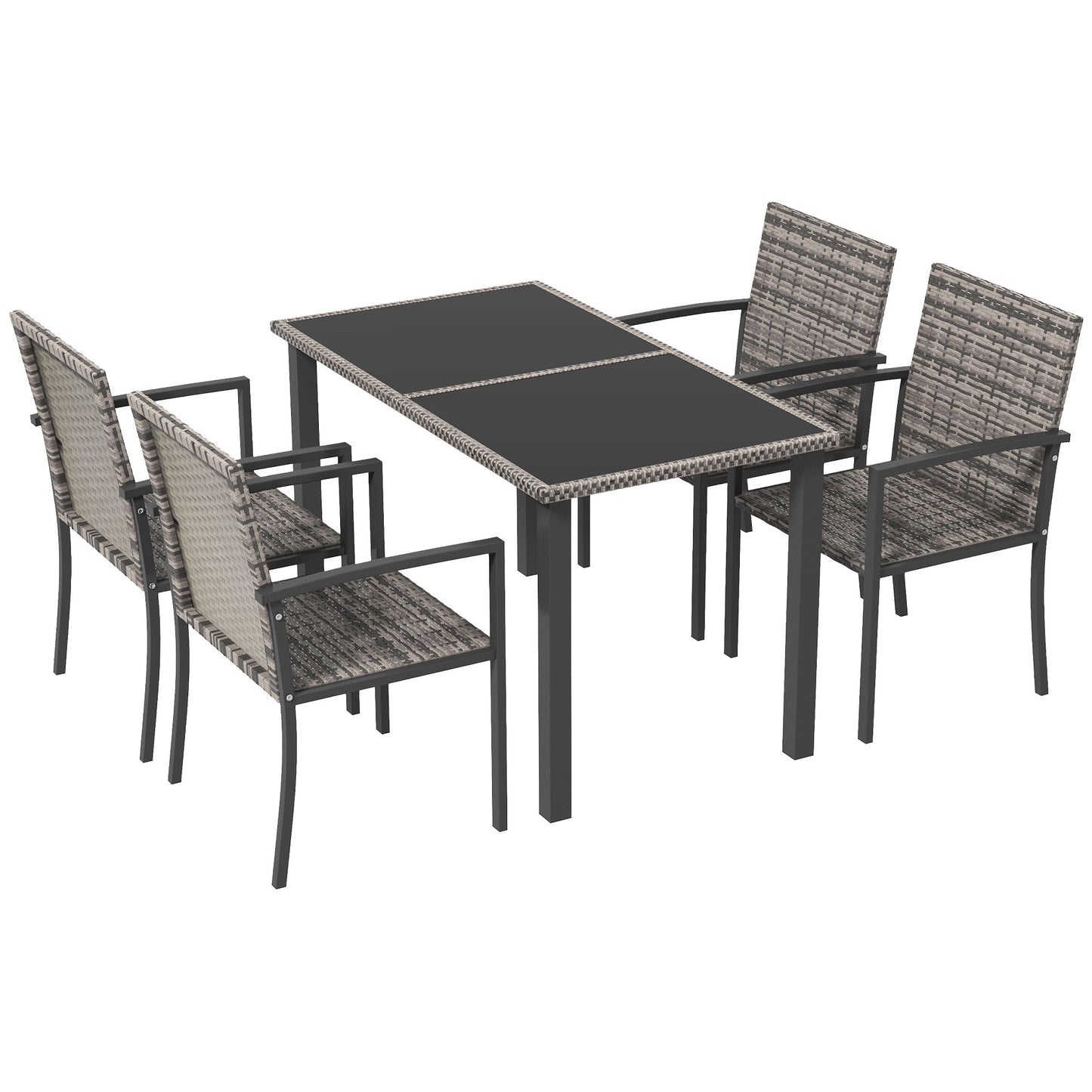 4 Seater Rattan Dining Set with Rectangular Glass Top Table and 4 Armchairs, PE Rattan Garden Furniture Set, Outdoor Dining Table and Chairs for Patio, Balcony, Lawn, Mixed Grey