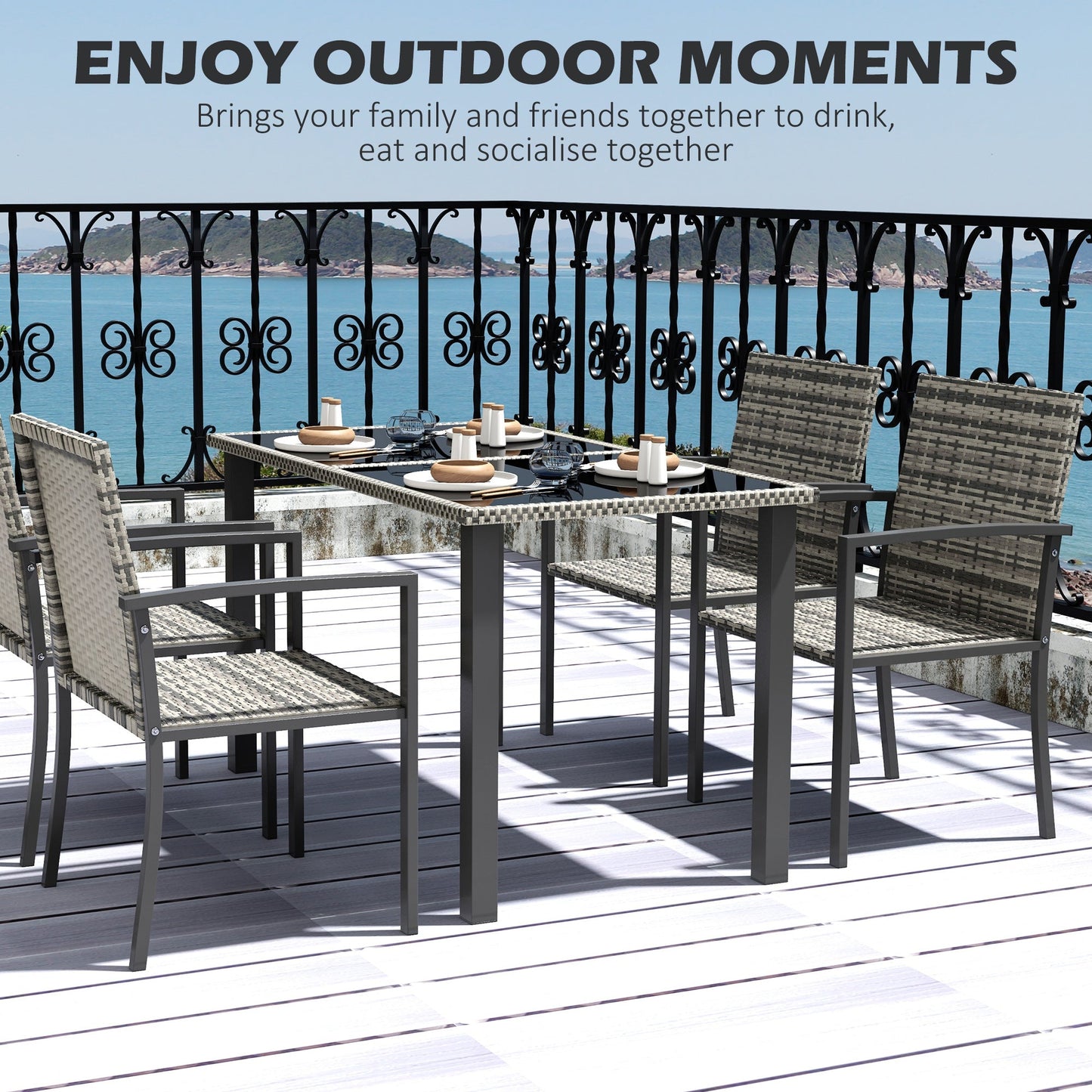 4 Seater Rattan Dining Set with Rectangular Glass Top Table and 4 Armchairs, PE Rattan Garden Furniture Set, Outdoor Dining Table and Chairs for Patio, Balcony, Lawn, Mixed Grey