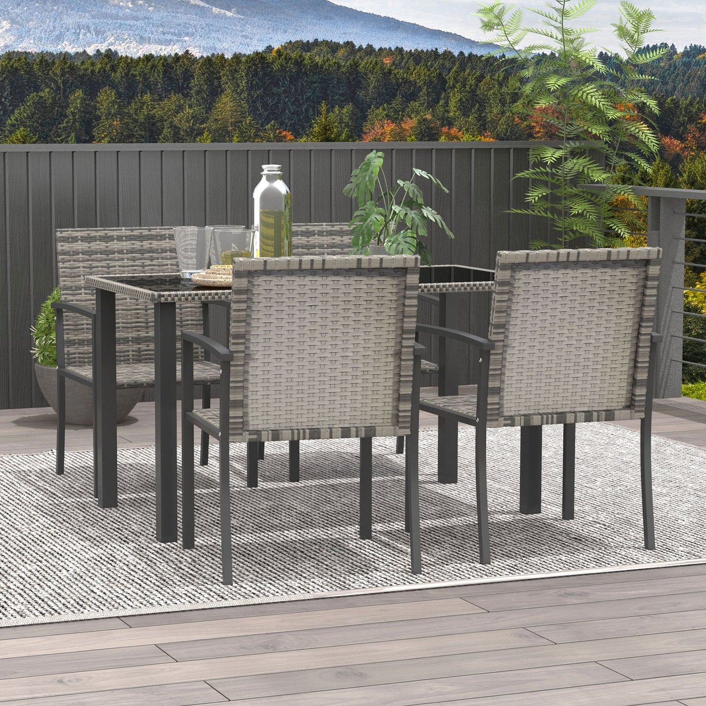 4 Seater Rattan Dining Set with Rectangular Glass Top Table and 4 Armchairs, PE Rattan Garden Furniture Set, Outdoor Dining Table and Chairs for Patio, Balcony, Lawn, Mixed Grey