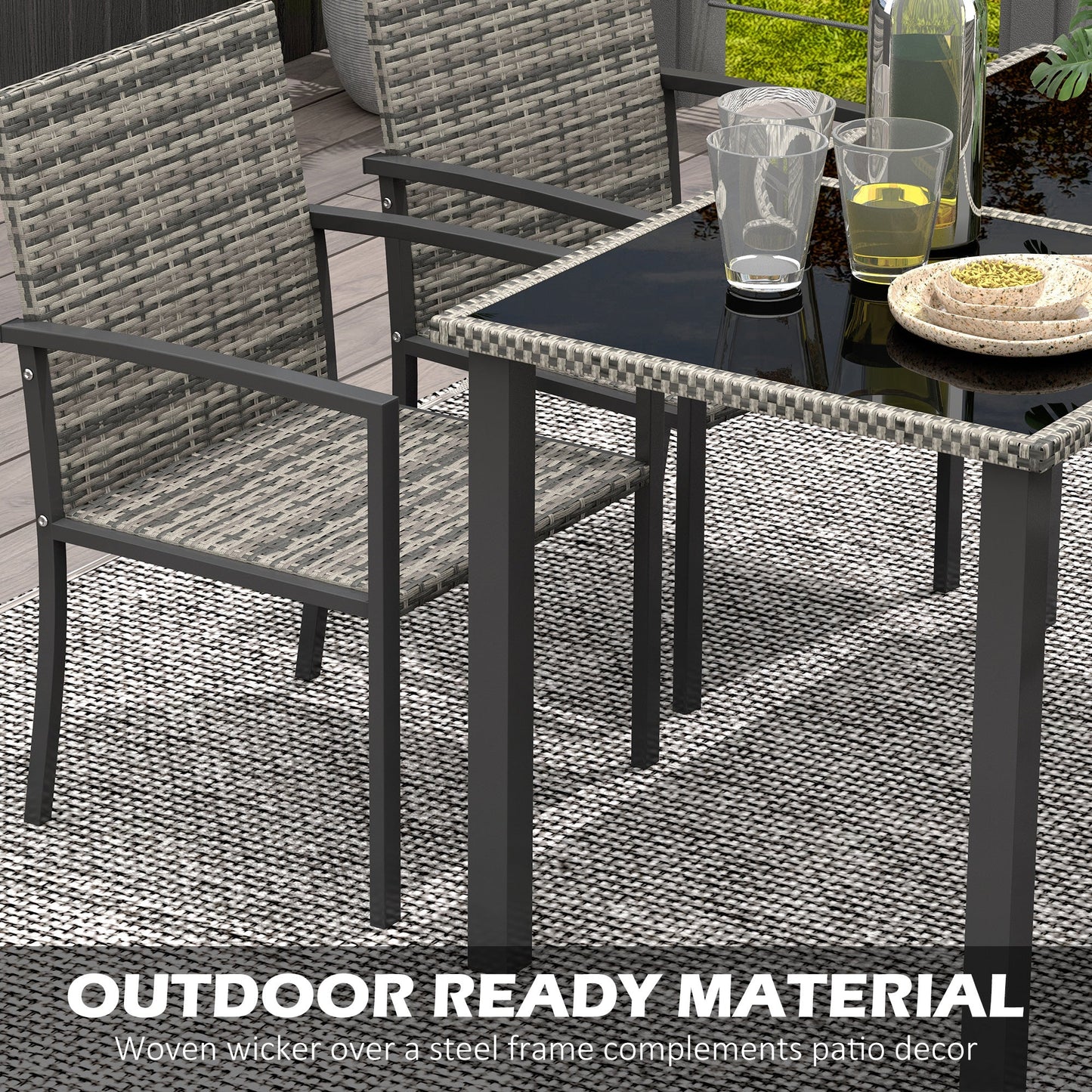 4 Seater Rattan Dining Set with Rectangular Glass Top Table and 4 Armchairs, PE Rattan Garden Furniture Set, Outdoor Dining Table and Chairs for Patio, Balcony, Lawn, Mixed Grey