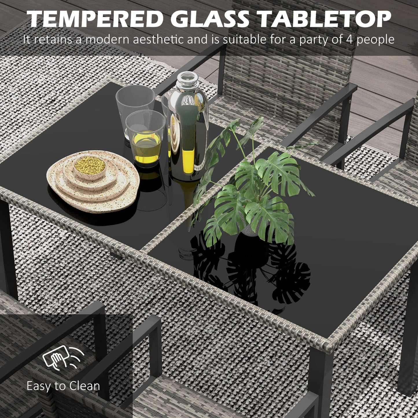 4 Seater Rattan Dining Set with Rectangular Glass Top Table and 4 Armchairs, PE Rattan Garden Furniture Set, Outdoor Dining Table and Chairs for Patio, Balcony, Lawn, Mixed Grey