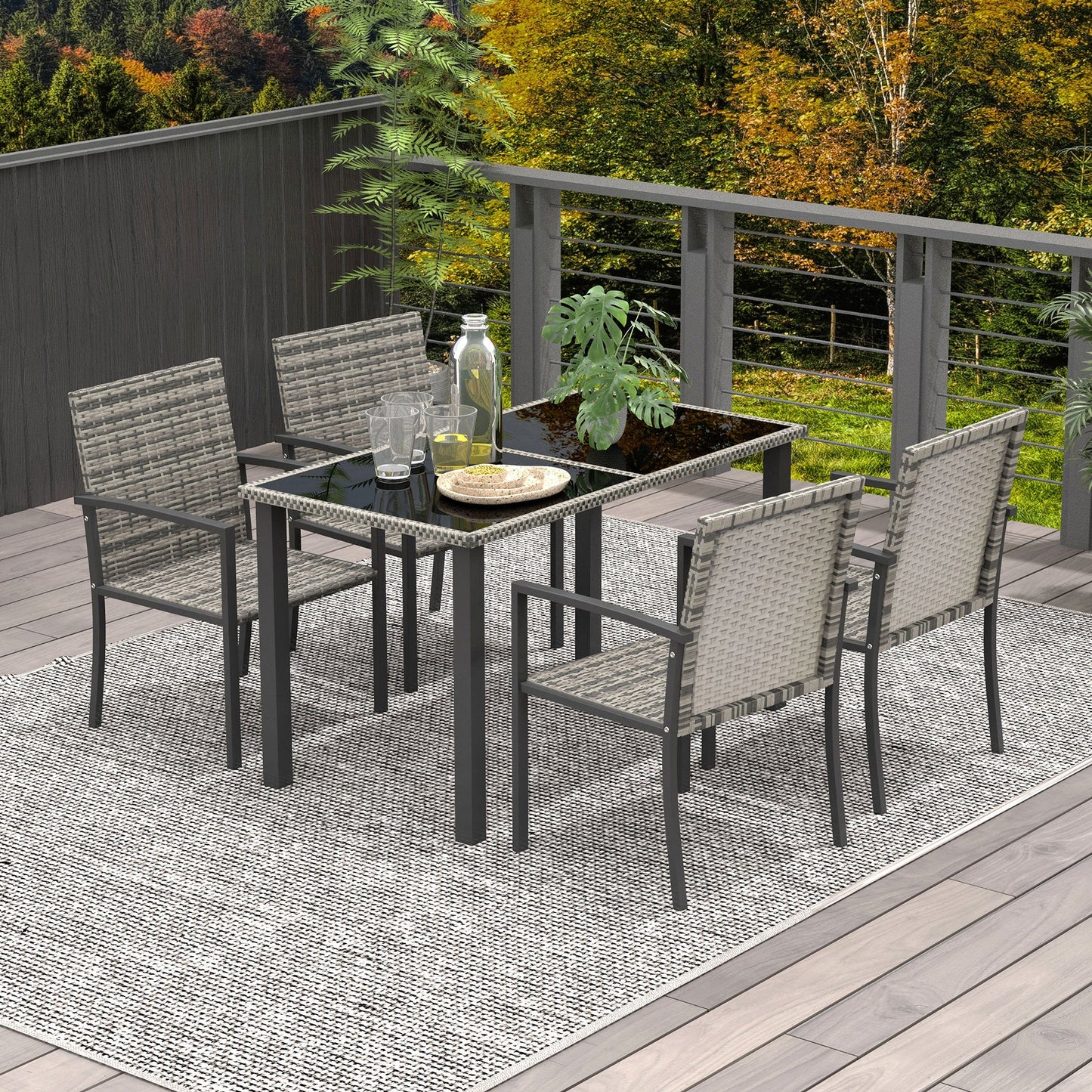 4 Seater Rattan Dining Set with Rectangular Glass Top Table and 4 Armchairs, PE Rattan Garden Furniture Set, Outdoor Dining Table and Chairs for Patio, Balcony, Lawn, Mixed Grey