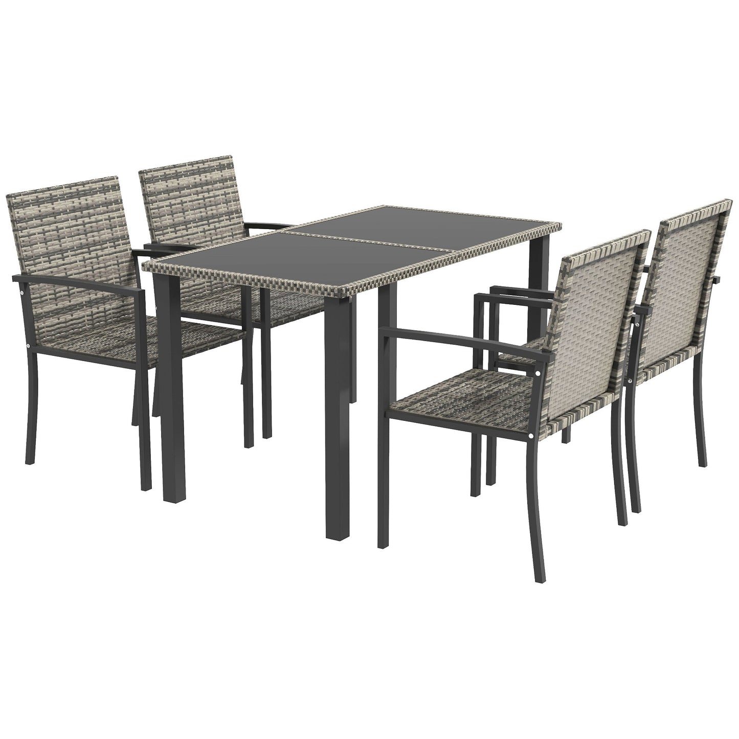 4 Seater Rattan Dining Set with Rectangular Glass Top Table and 4 Armchairs, PE Rattan Garden Furniture Set, Outdoor Dining Table and Chairs for Patio, Balcony, Lawn, Mixed Grey