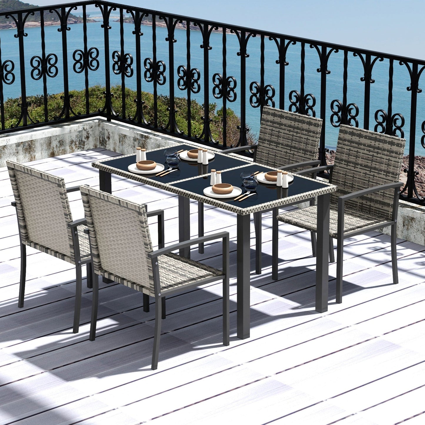 4 Seater Rattan Dining Set with Rectangular Glass Top Table and 4 Armchairs, PE Rattan Garden Furniture Set, Outdoor Dining Table and Chairs for Patio, Balcony, Lawn, Mixed Grey