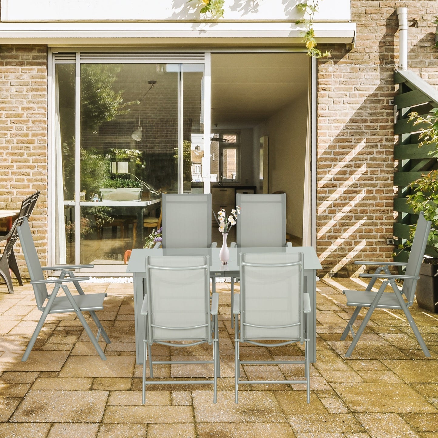 7 Piece Garden Dining Set, Outdoor Table and 6 Folding and Reclining Chairs, Aluminium Frame, Tempered Glass Top Table, Texteline Seats, Grey