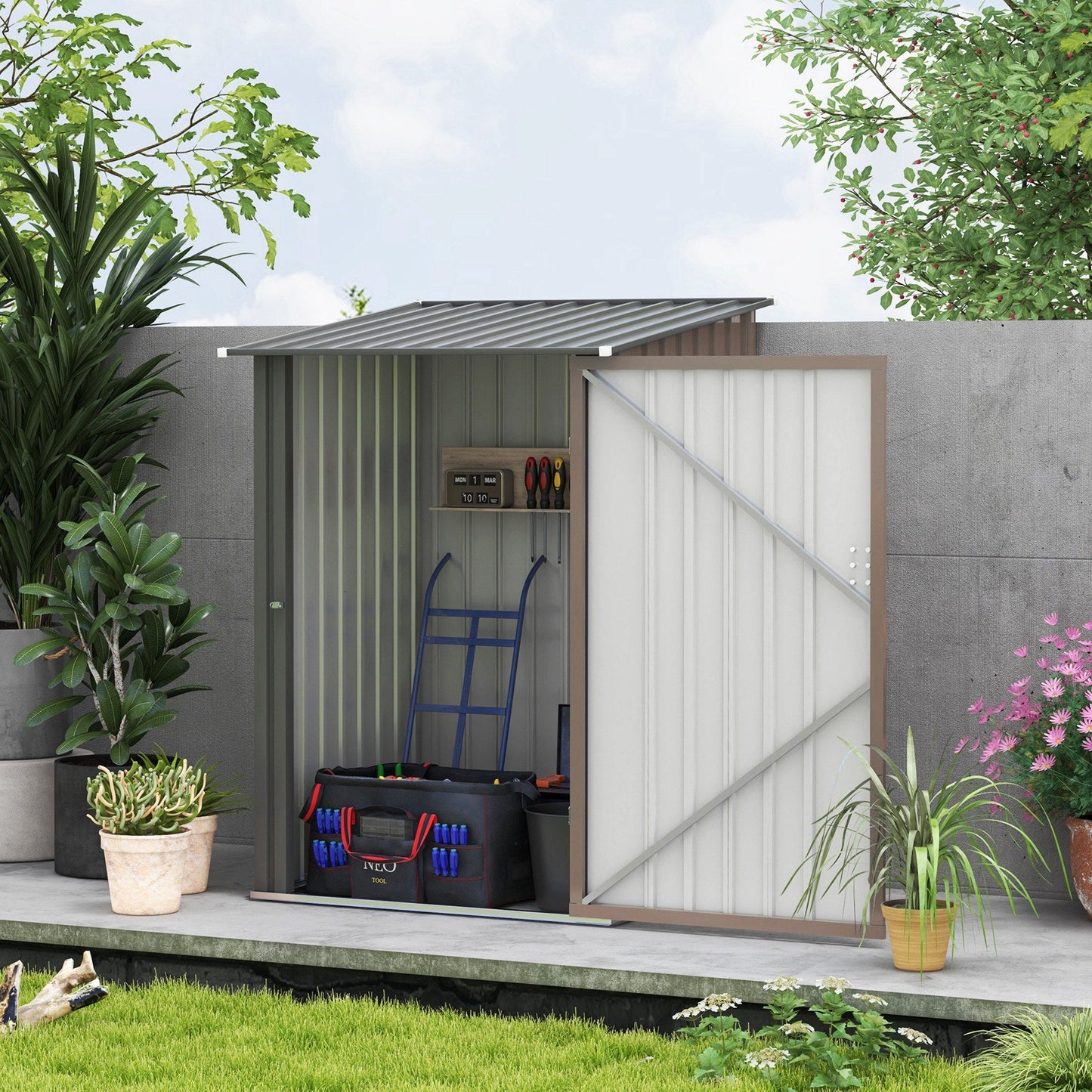3.3ft x 3.4ft Lean to Garden Shed, Metal Outdoor Storage Shed with Single Lockable Door, Tool Storage Shed for Garden, Patio, Lawn, Brown