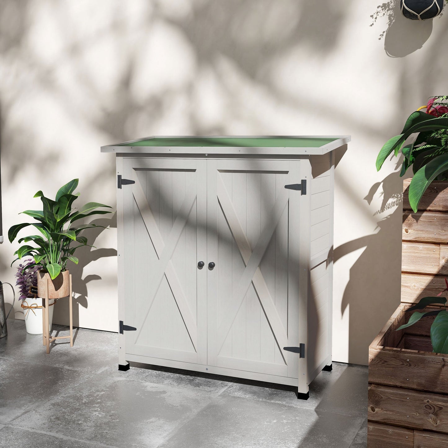 Wooden Garden Storage Shed, Tool Cabinet Organiser with Shelves and Double Door, 110 x 55 x117cm, Light Grey
