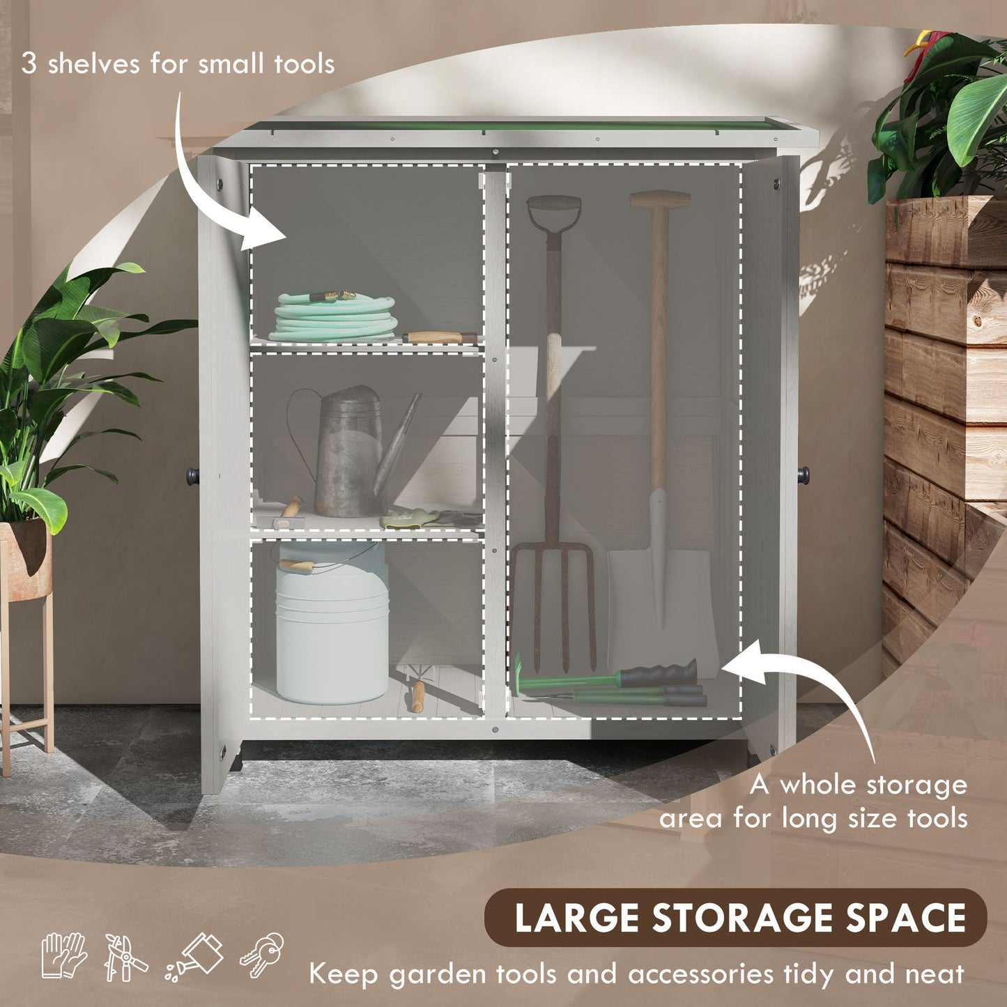 Wooden Garden Storage Shed, Tool Cabinet Organiser with Shelves and Double Door, 110 x 55 x117cm, Light Grey