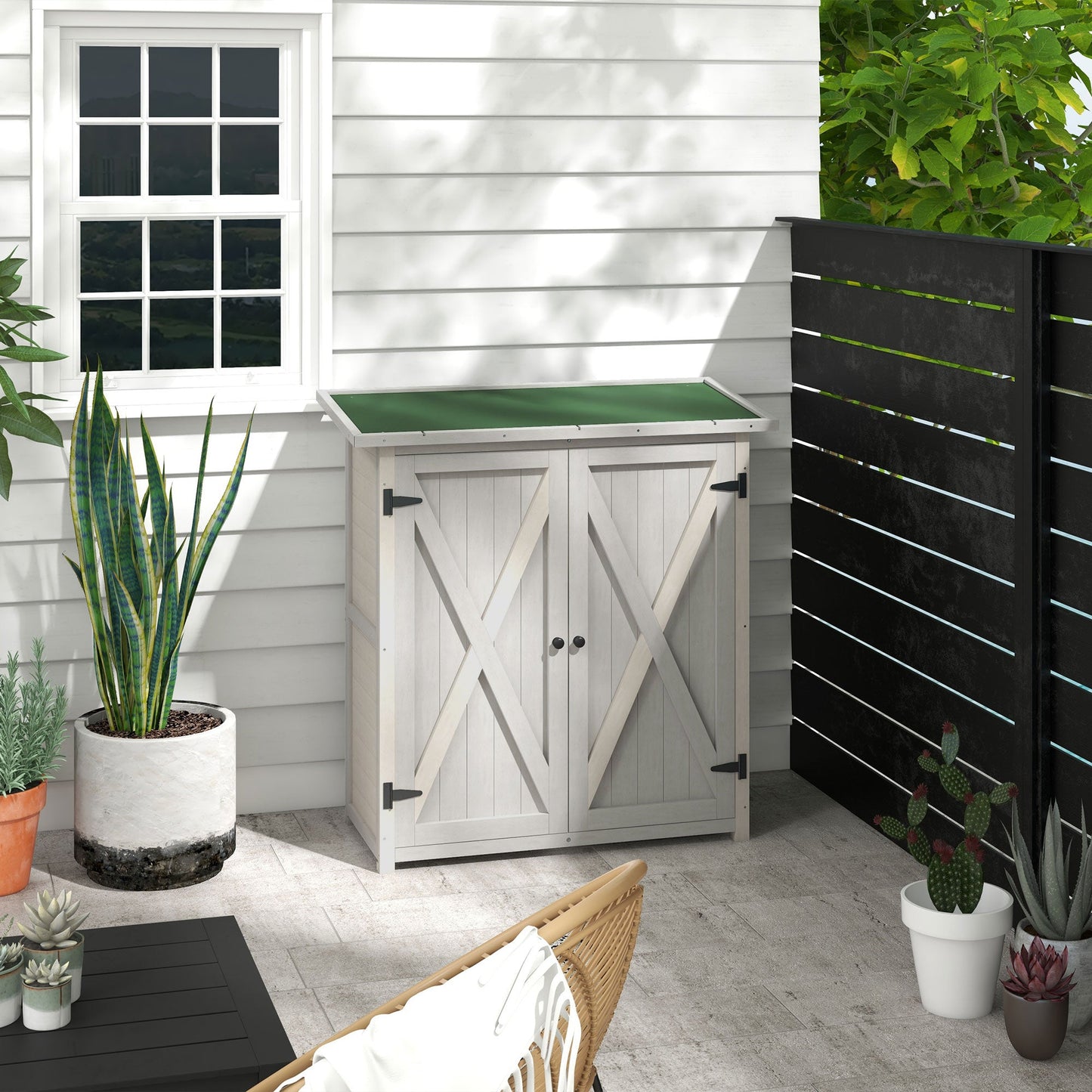 Wooden Garden Storage Shed, Tool Cabinet Organiser with Shelves and Double Door, 110 x 55 x117cm, Light Grey