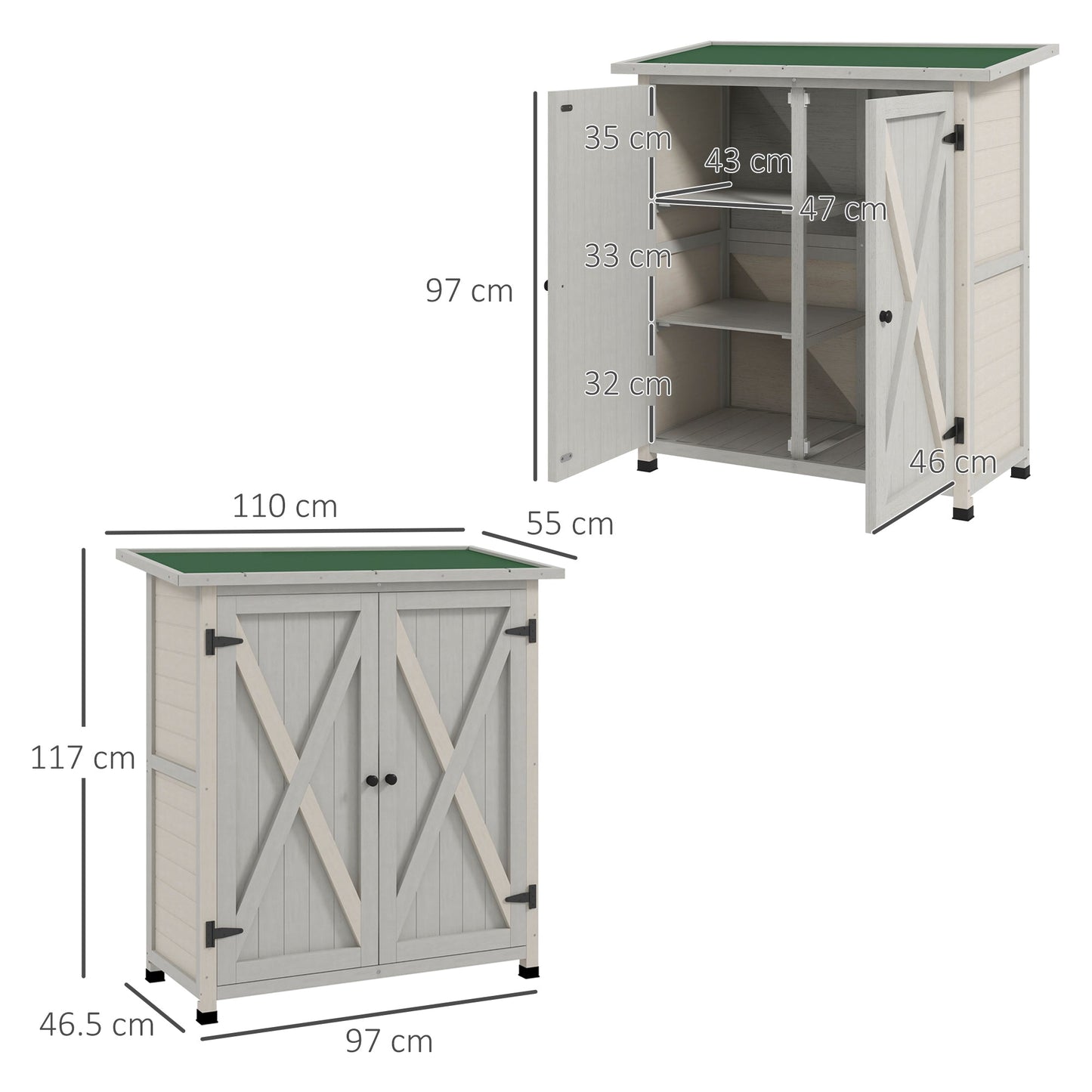 Wooden Garden Storage Shed, Tool Cabinet Organiser with Shelves and Double Door, 110 x 55 x117cm, Light Grey