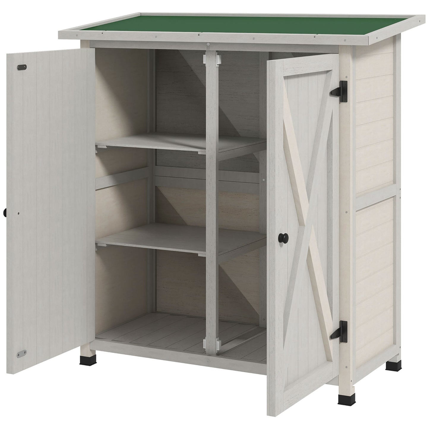 Wooden Garden Storage Shed, Tool Cabinet Organiser with Shelves and Double Door, 110 x 55 x117cm, Light Grey