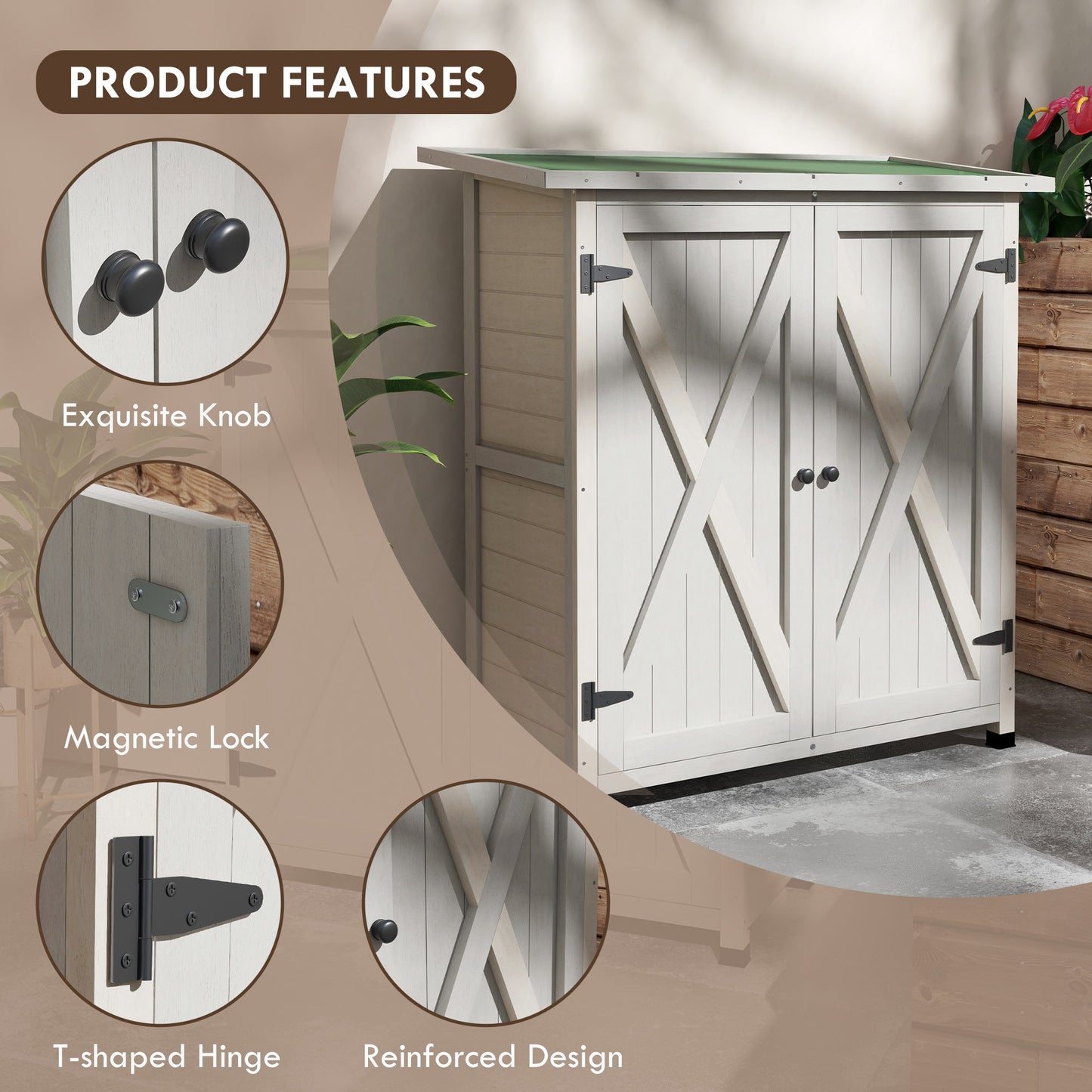 Wooden Garden Storage Shed, Tool Cabinet Organiser with Shelves and Double Door, 110 x 55 x117cm, Light Grey