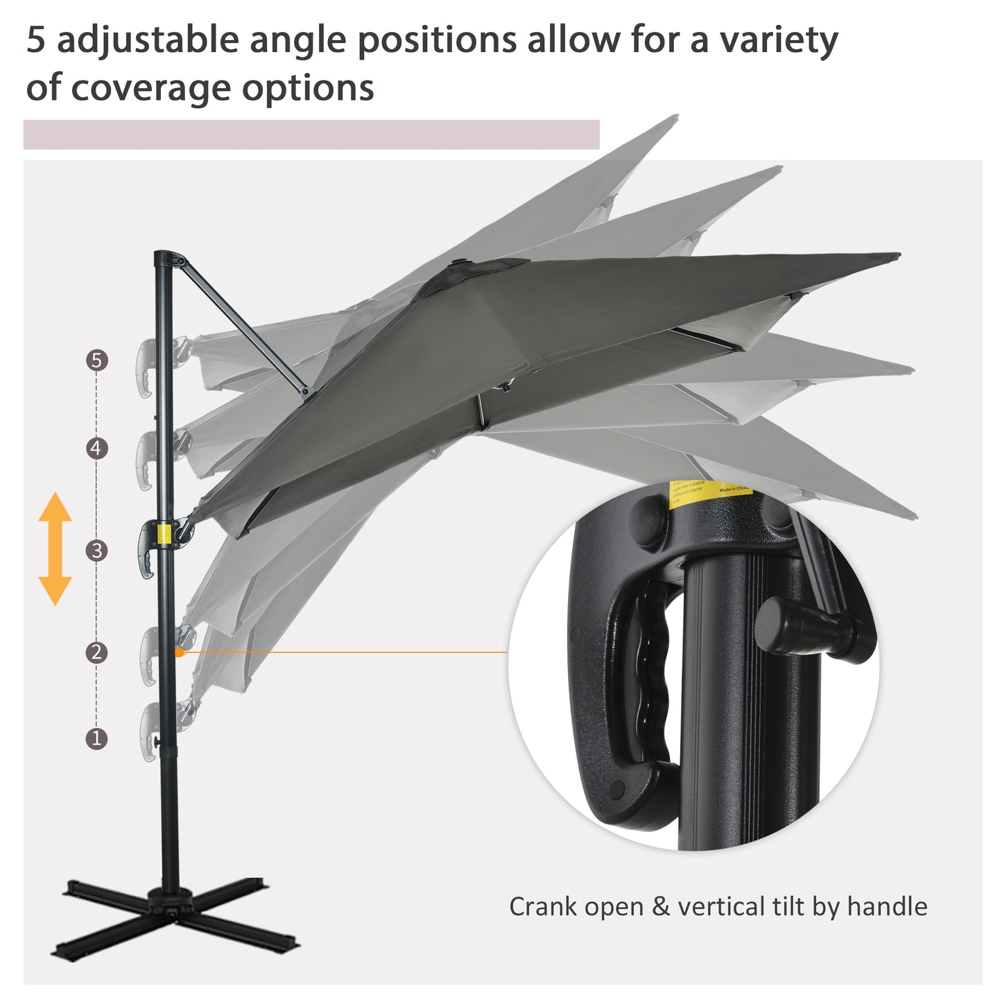 2.5 x 2.5m Patio Offset Parasol Umbrella Cantilever Hanging Aluminium Sun Shade Canopy Shelter 360° Rotation with Crank Handle and Cross Base, Grey