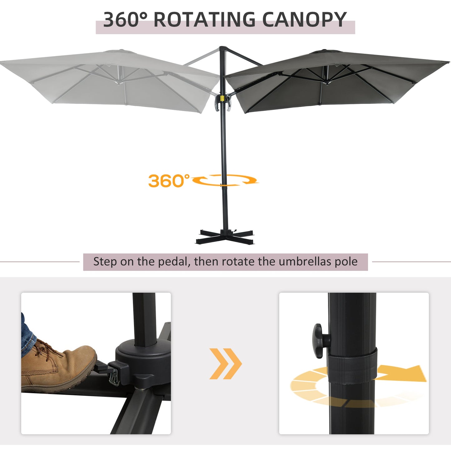 2.5 x 2.5m Patio Offset Parasol Umbrella Cantilever Hanging Aluminium Sun Shade Canopy Shelter 360° Rotation with Crank Handle and Cross Base, Grey
