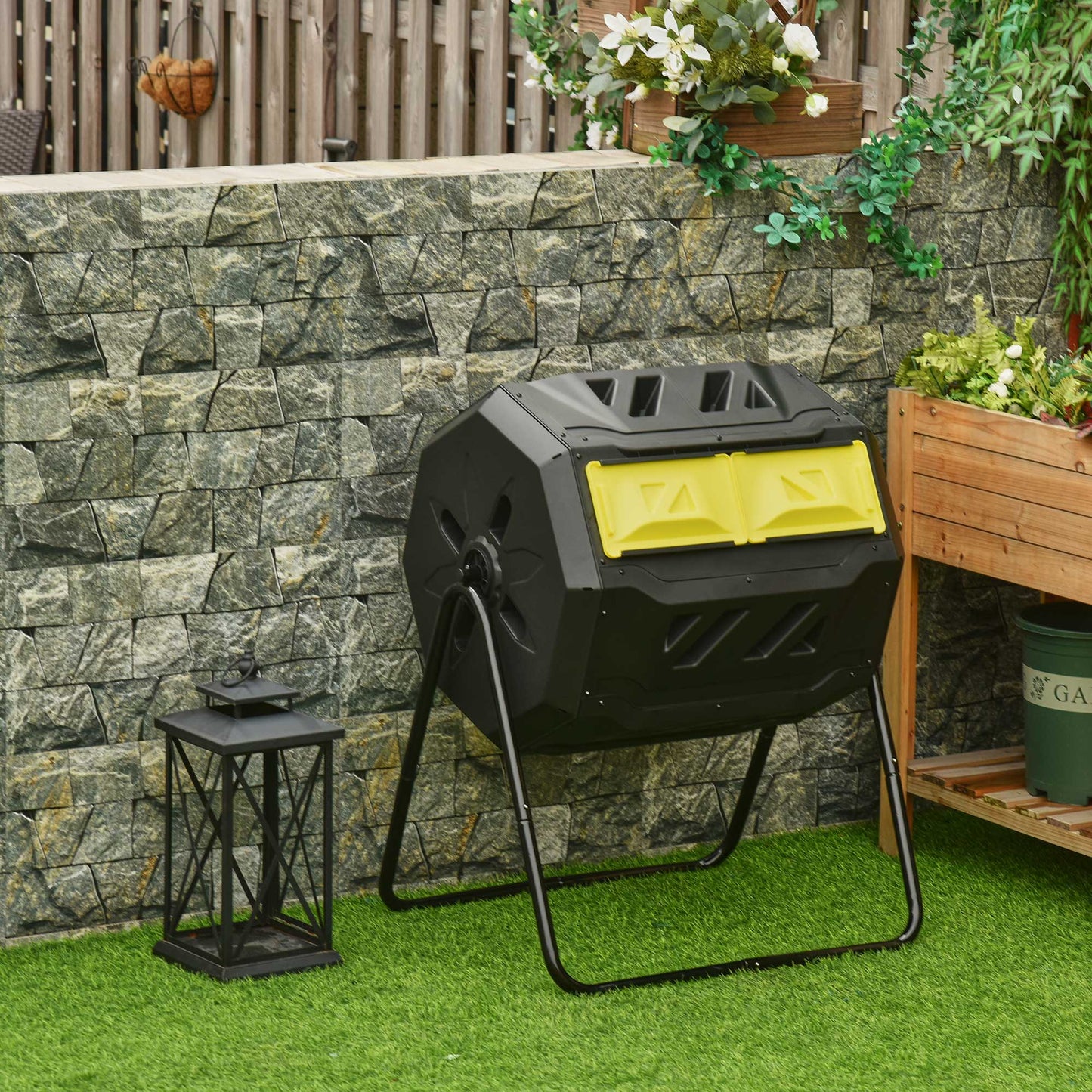 160L Tumbling Compost Bin Outdoor Dual Chamber 360° Rotating Composter, Garden Compost Bin w/ Sliding Doors & Solid Steel Frame, Yellow