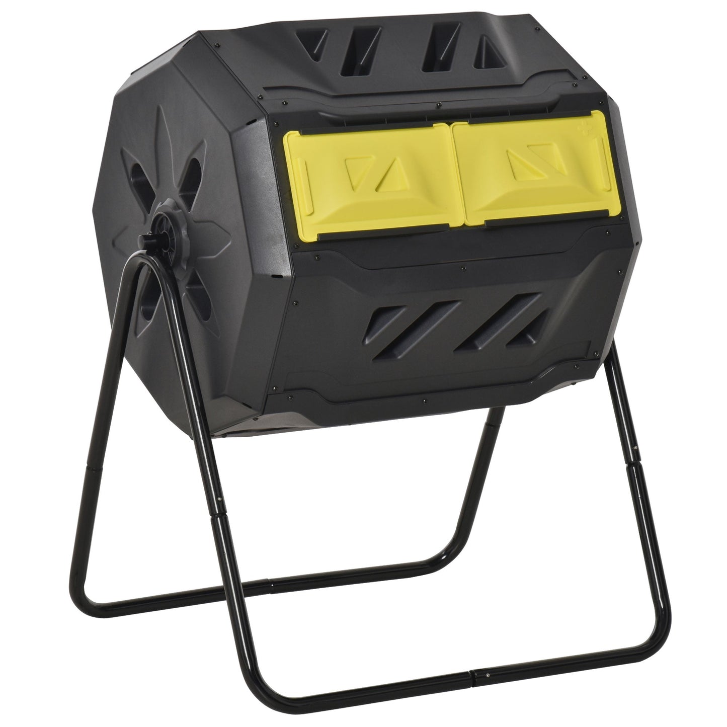 160L Tumbling Compost Bin Outdoor Dual Chamber 360° Rotating Composter, Garden Compost Bin w/ Sliding Doors & Solid Steel Frame, Yellow