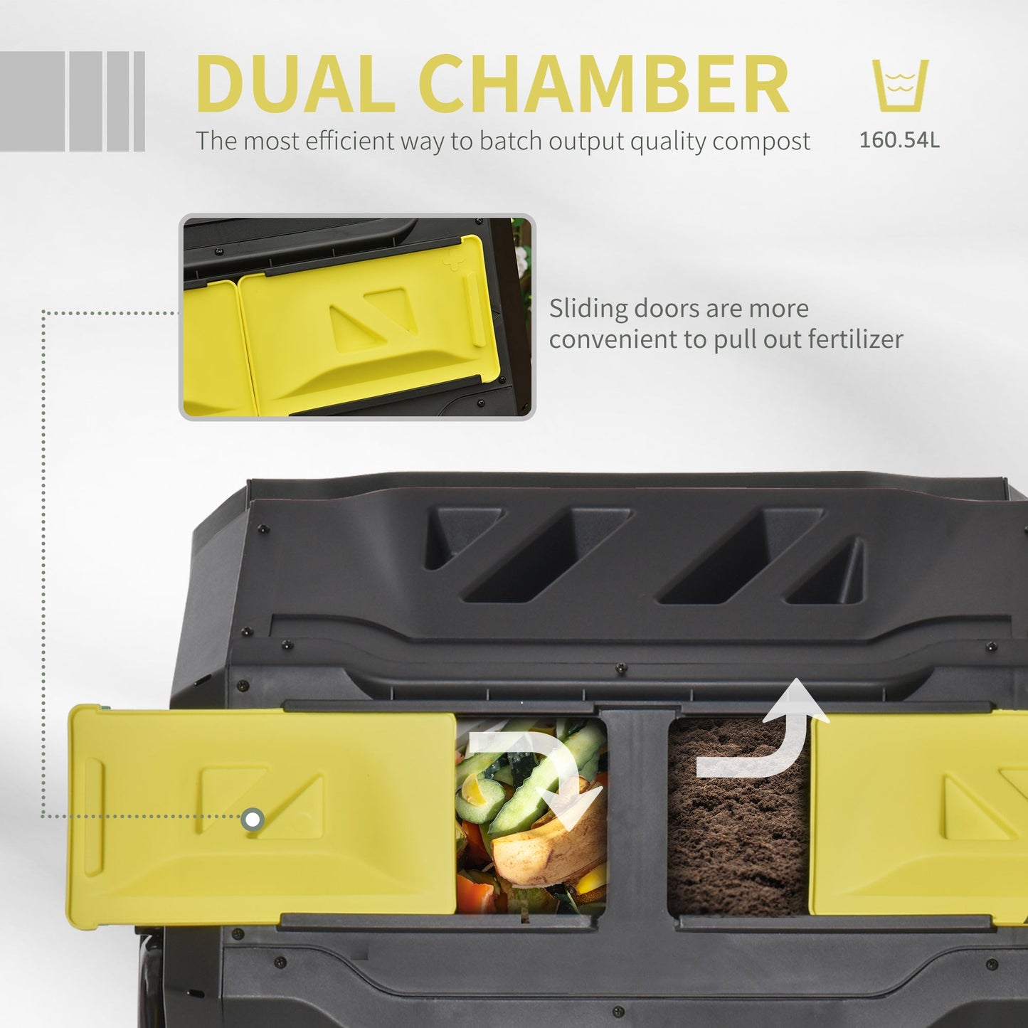160L Tumbling Compost Bin Outdoor Dual Chamber 360° Rotating Composter, Garden Compost Bin w/ Sliding Doors & Solid Steel Frame, Yellow