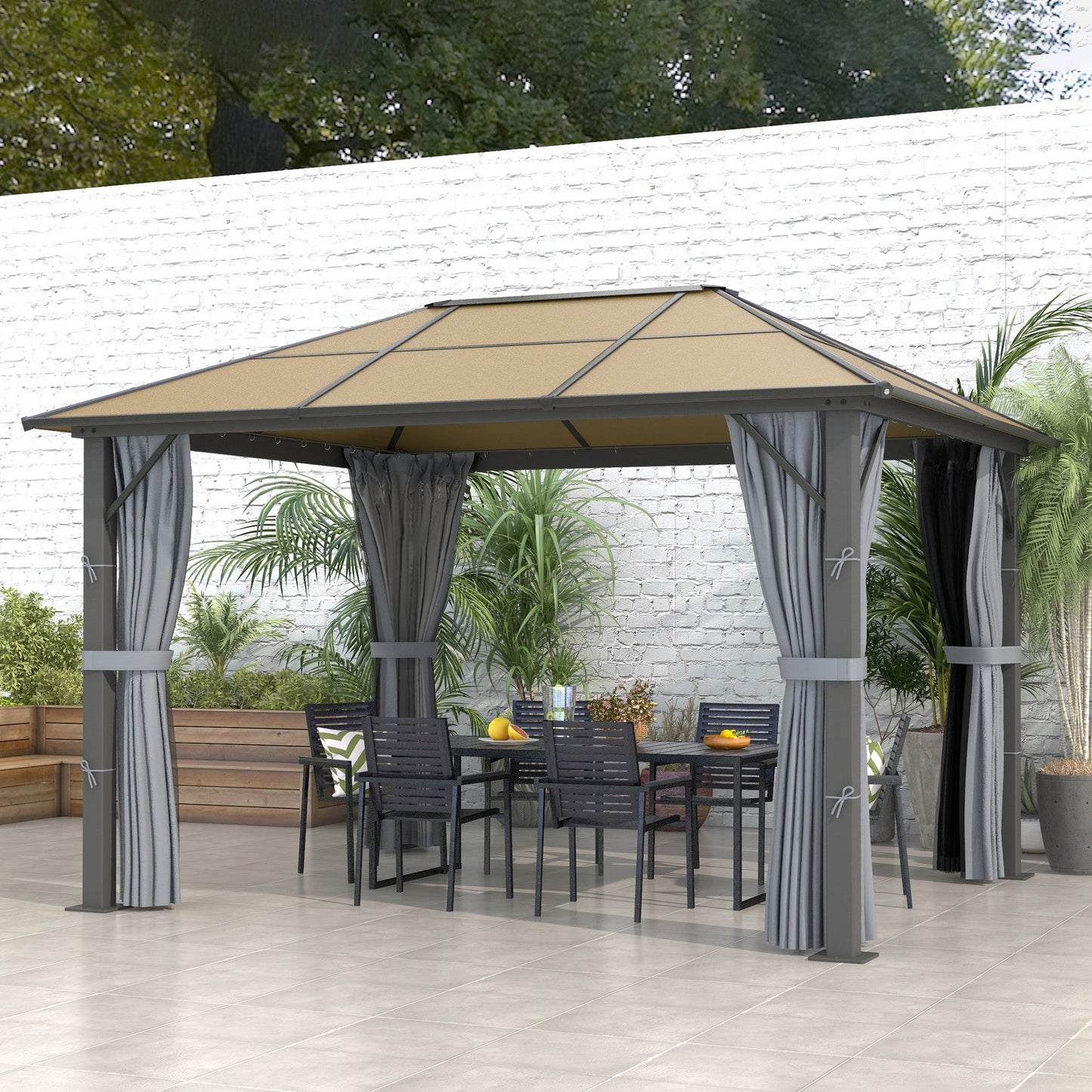 3 x 3.6m Hardtop Gazebo Canopy with Polycarbonate Roof, Aluminium Frame, Permanent Pavilion Garden Gazebo with Netting and Curtains - Grey