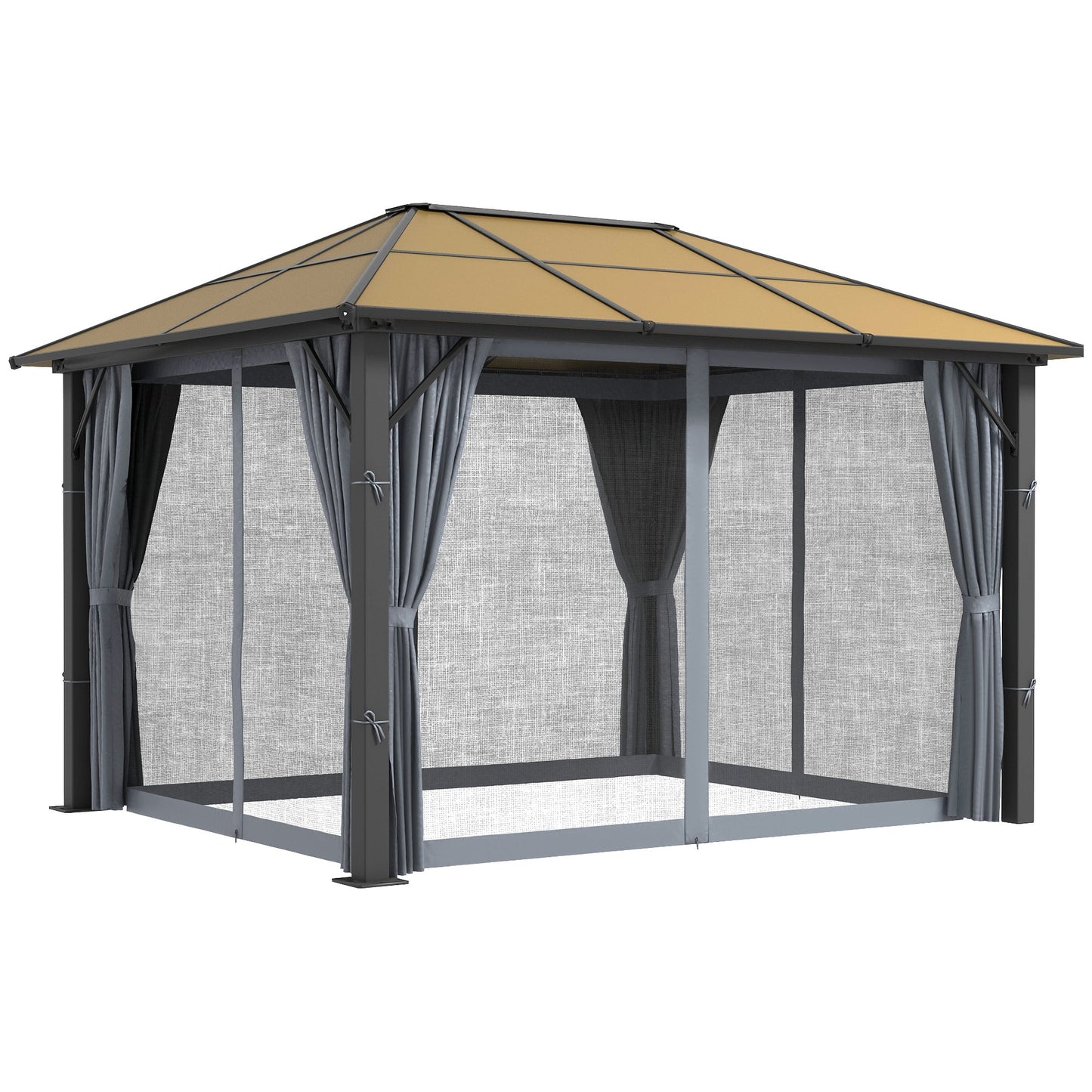 3 x 3.6m Hardtop Gazebo Canopy with Polycarbonate Roof, Aluminium Frame, Permanent Pavilion Garden Gazebo with Netting and Curtains - Grey