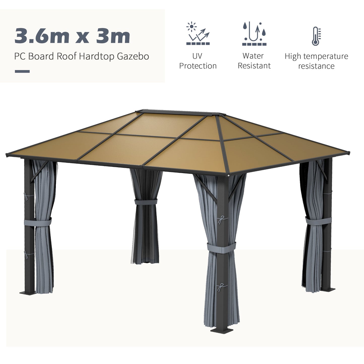 3 x 3.6m Hardtop Gazebo Canopy with Polycarbonate Roof, Aluminium Frame, Permanent Pavilion Garden Gazebo with Netting and Curtains - Grey