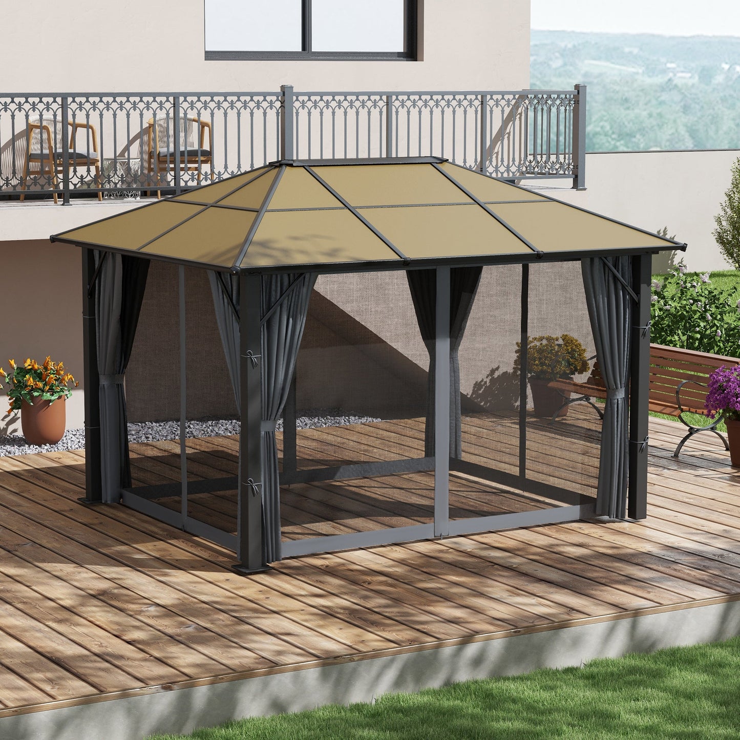 3 x 3.6m Hardtop Gazebo Canopy with Polycarbonate Roof, Aluminium Frame, Permanent Pavilion Garden Gazebo with Netting and Curtains - Grey