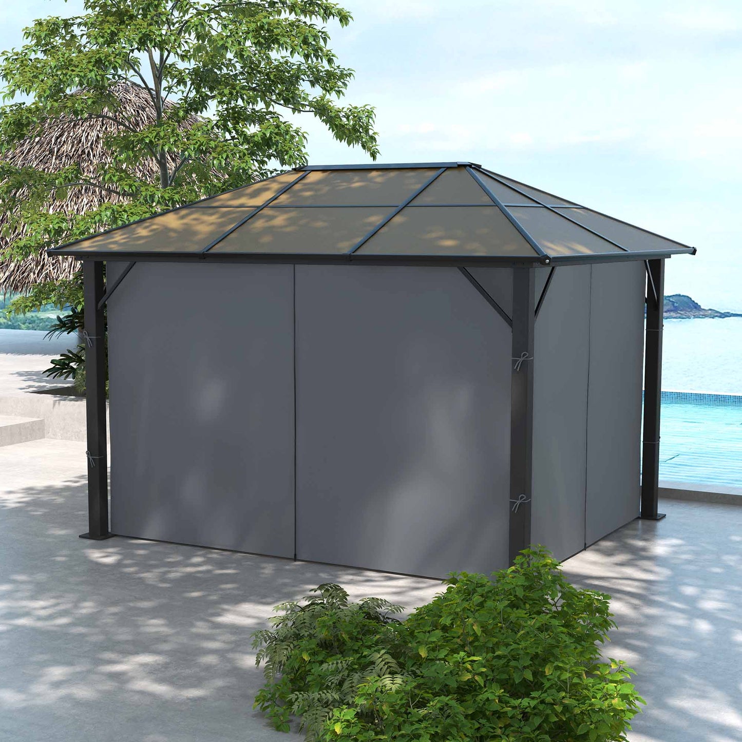 3 x 3.6m Hardtop Gazebo Canopy with Polycarbonate Roof, Aluminium Frame, Permanent Pavilion Garden Gazebo with Netting and Curtains - Grey