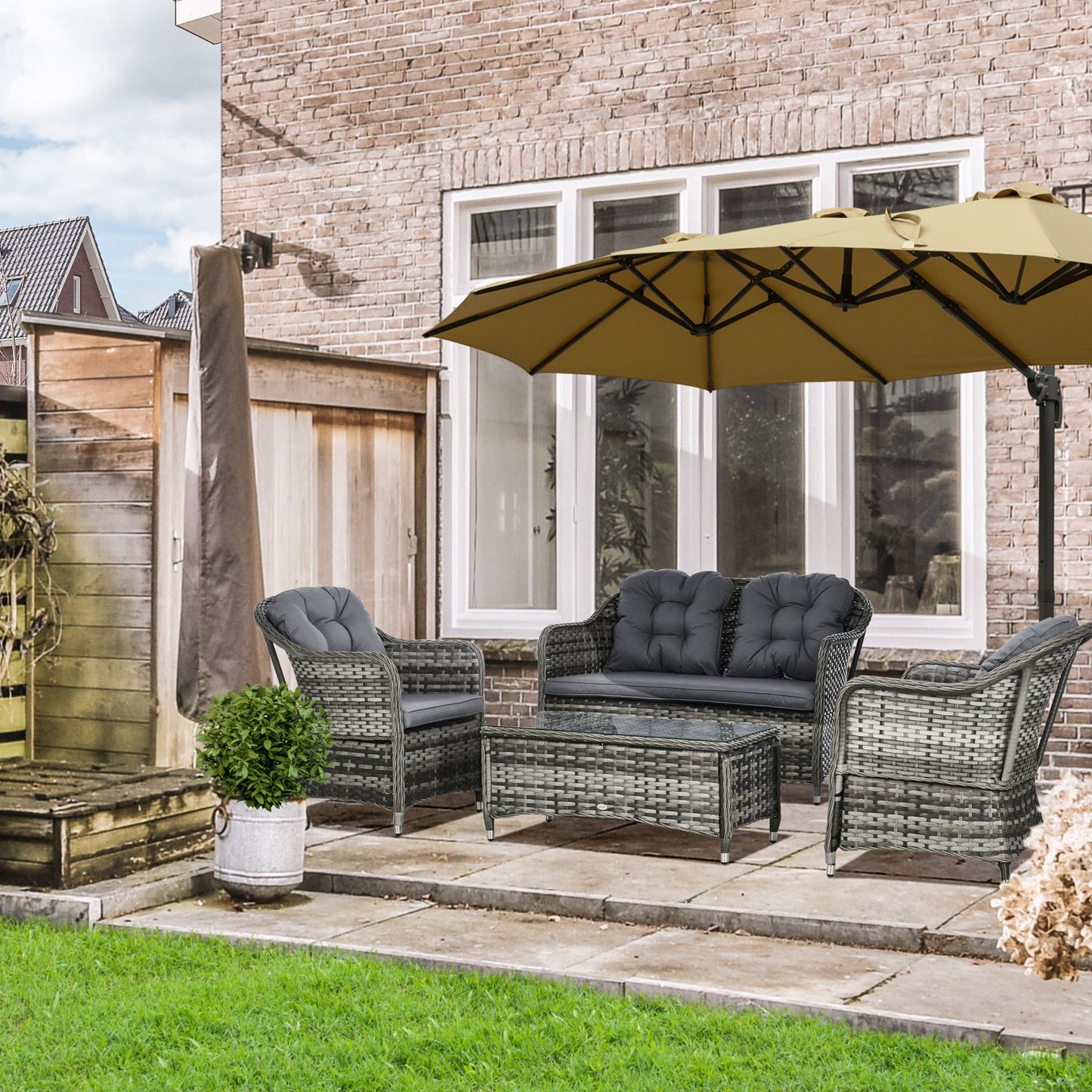 4 Pieces Outdoor PE Rattan Garden Furniture with Cushions, Patio Special Hand Weave Wicker Conservatory Sofa Set with Glass Top Coffee Table, Mixed Grey