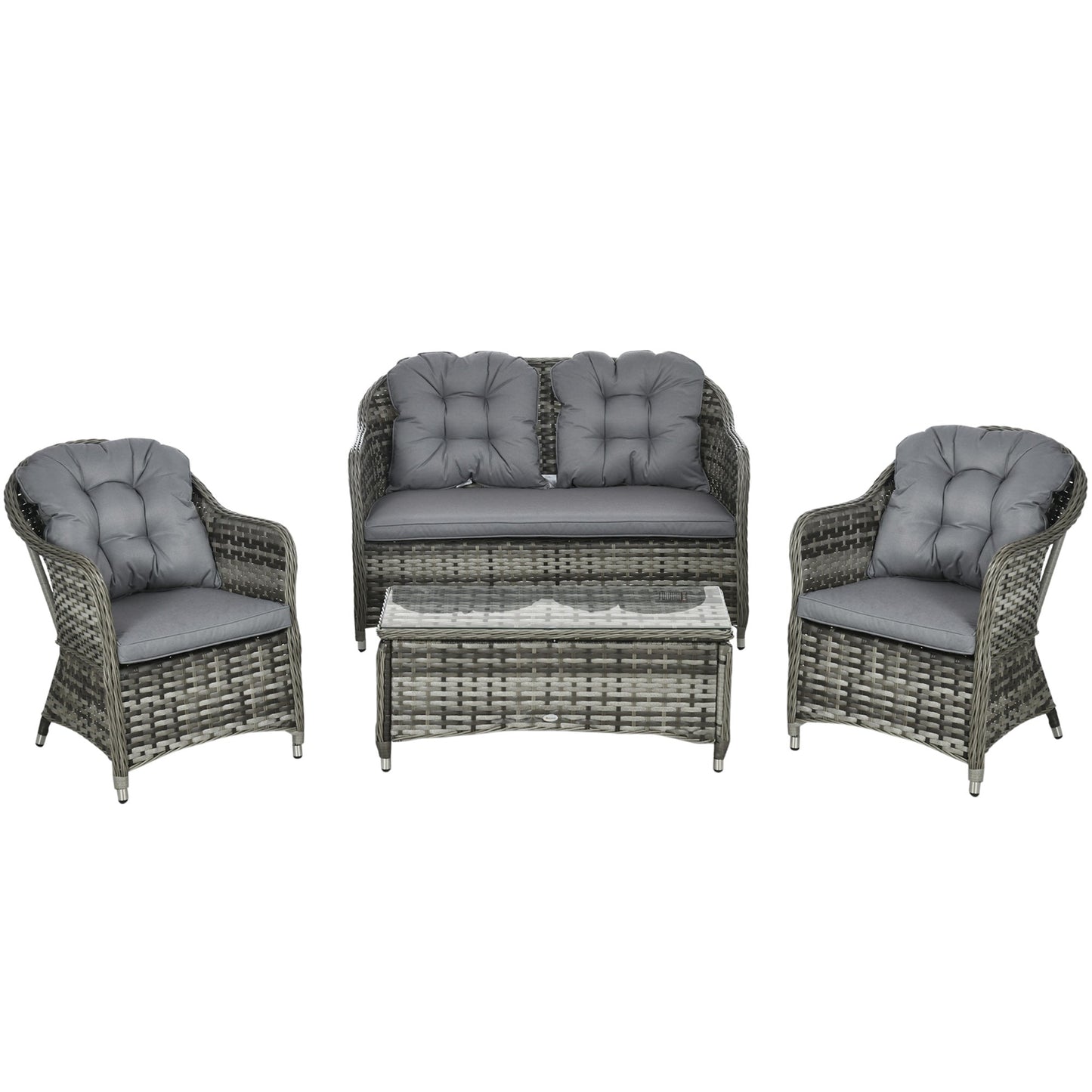 4 Pieces Outdoor PE Rattan Garden Furniture with Cushions, Patio Special Hand Weave Wicker Conservatory Sofa Set with Glass Top Coffee Table, Mixed Grey