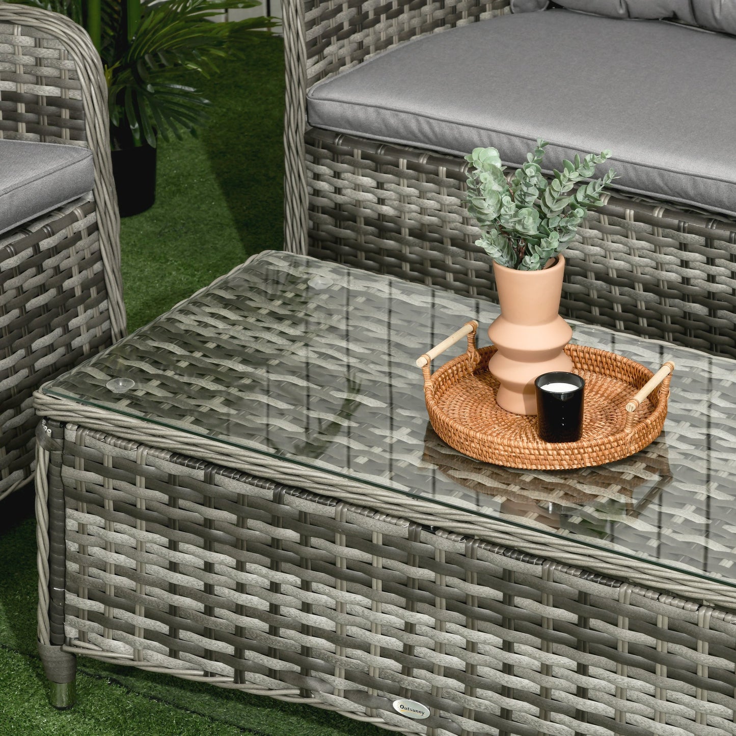 4 Pieces Outdoor PE Rattan Garden Furniture with Cushions, Patio Special Hand Weave Wicker Conservatory Sofa Set with Glass Top Coffee Table, Mixed Grey