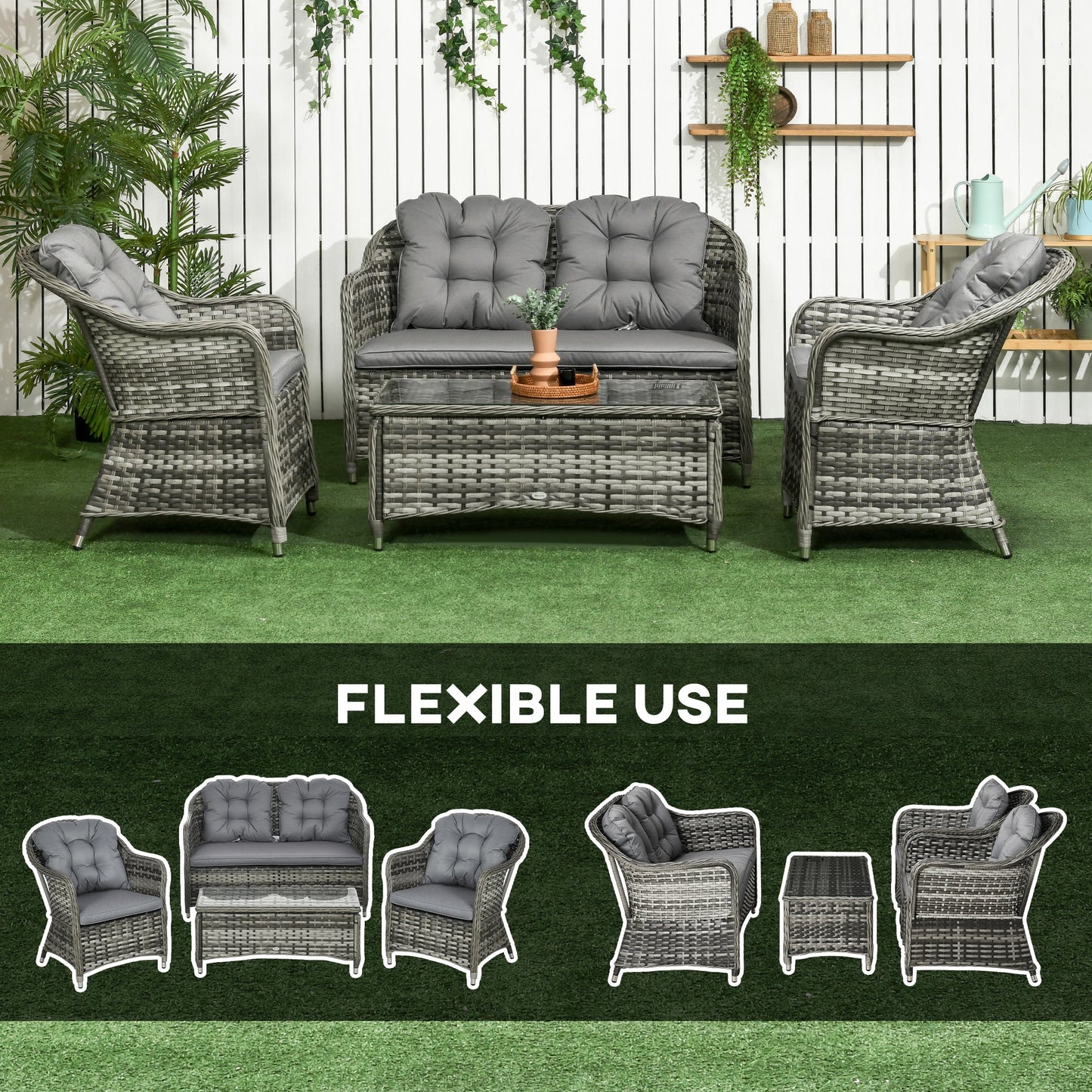 4 Pieces Outdoor PE Rattan Garden Furniture with Cushions, Patio Special Hand Weave Wicker Conservatory Sofa Set with Glass Top Coffee Table, Mixed Grey