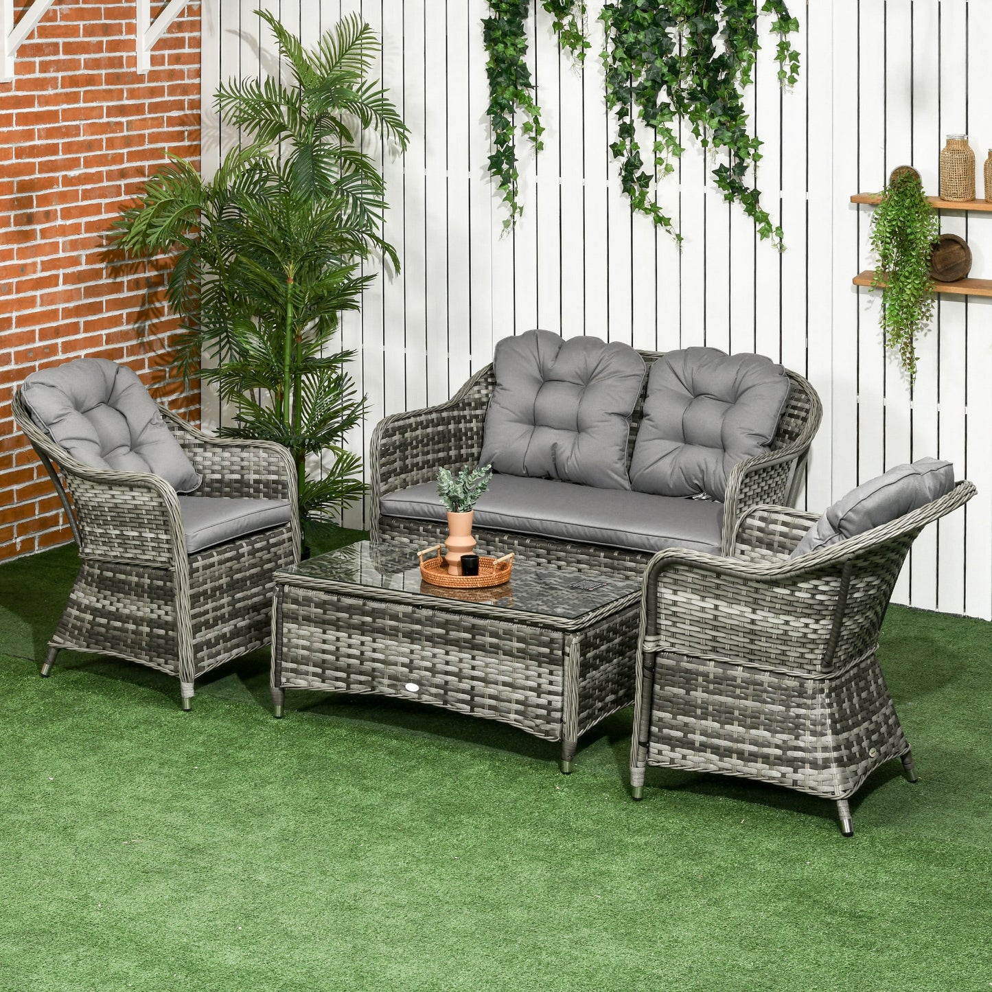 4 Pieces Outdoor PE Rattan Garden Furniture with Cushions, Patio Special Hand Weave Wicker Conservatory Sofa Set with Glass Top Coffee Table, Mixed Grey