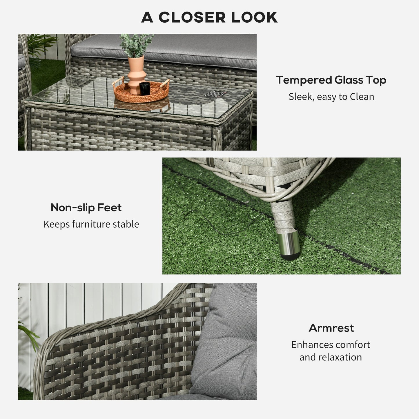 4 Pieces Outdoor PE Rattan Garden Furniture with Cushions, Patio Special Hand Weave Wicker Conservatory Sofa Set with Glass Top Coffee Table, Mixed Grey