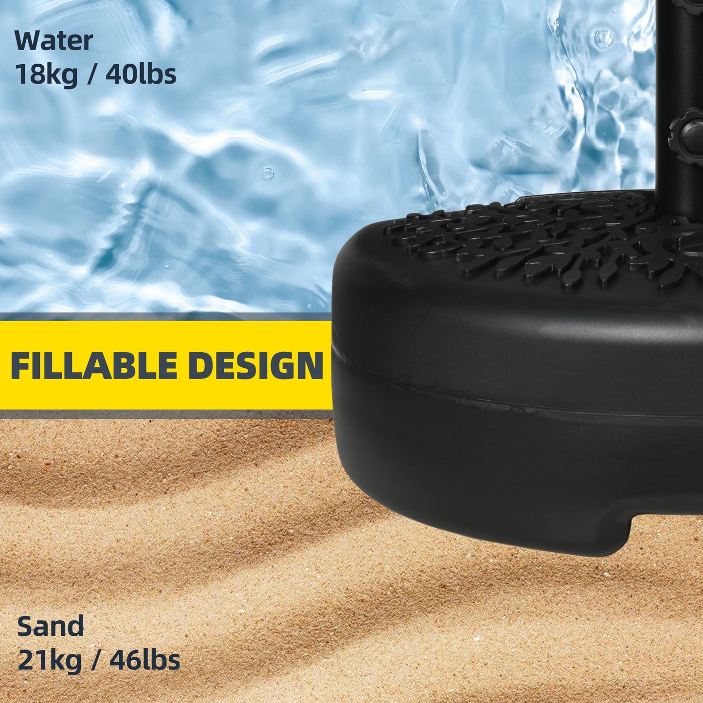 Half Round Umbrella Base, Half Patio Parasol Stand Holder for Deck, Garden, 18 kg Capacity Water or 21 kg Capacity Sand, Fit 3.8 cm or 4.8 cm Pole, Black