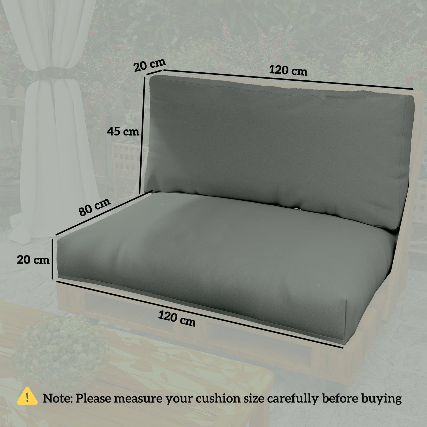 2 Seater Pallet Furniture Cushions Pallet Cushions, UPF20+ 220gsm Fabric, 20 cm Thick Outdoor Seat Pads, Charcoal Grey