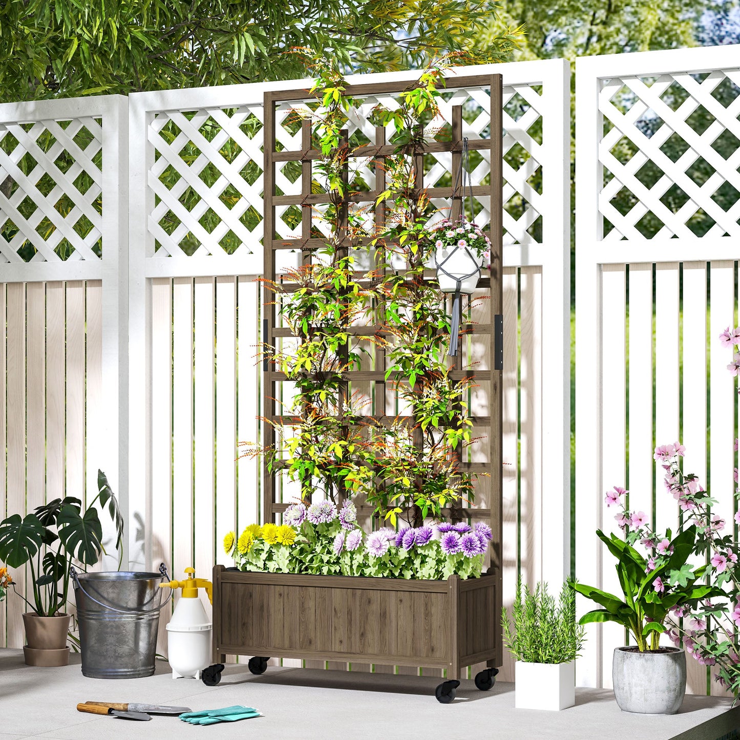 Wooden Trellis Planter, Raised Beds for Garden with Wheels and Drainage Holes, Privacy Screen Planter Box to Grow Vegetables, Herbs and Flowers for Garden, Patio, Deck, Brown