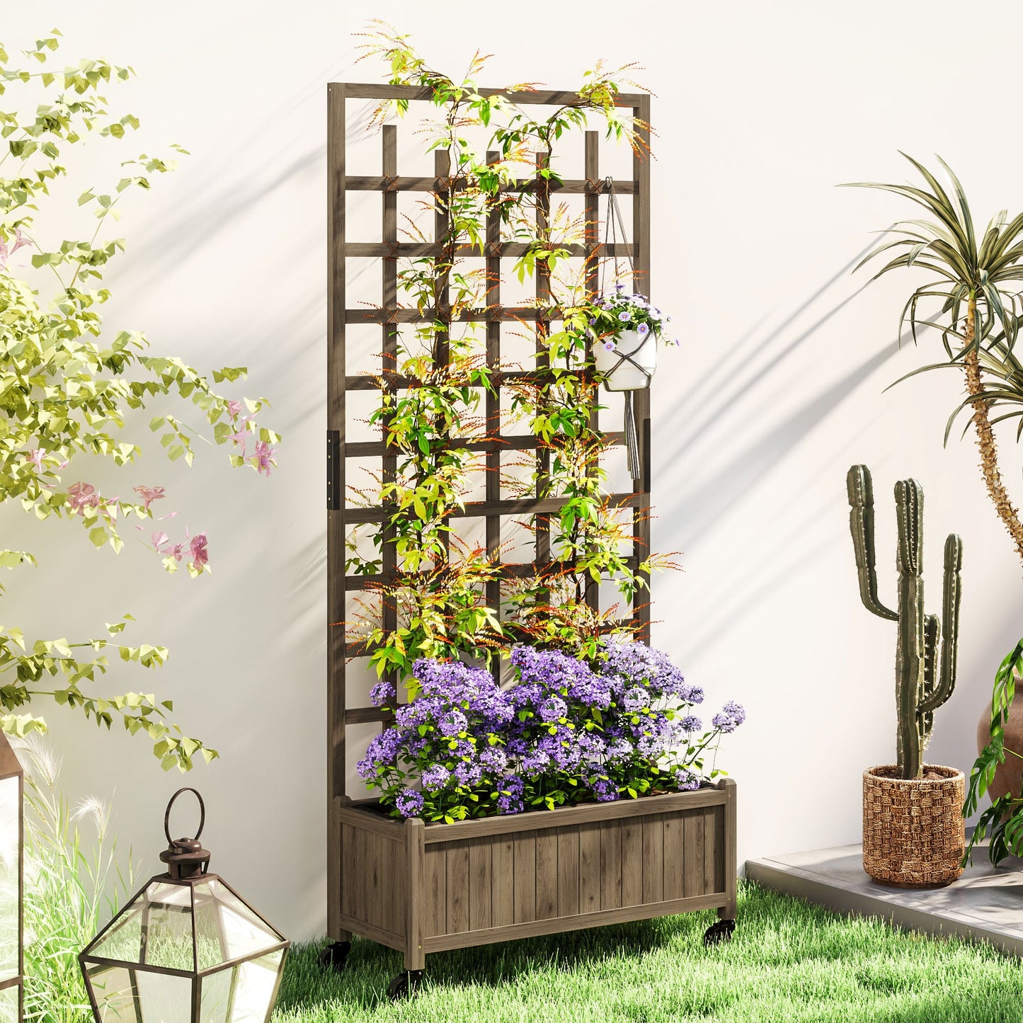 Wooden Trellis Planter, Raised Beds for Garden with Wheels and Drainage Holes, Privacy Screen Planter Box to Grow Vegetables, Herbs and Flowers for Garden, Patio, Deck, Brown