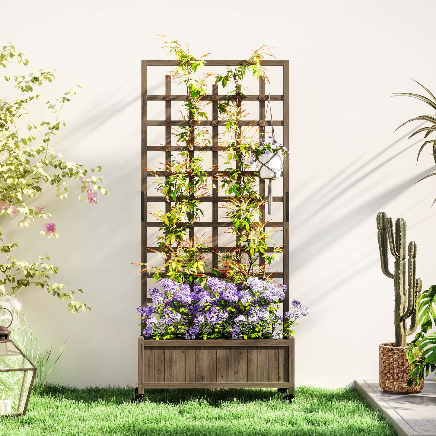 Wooden Trellis Planter, Raised Beds for Garden with Wheels and Drainage Holes, Privacy Screen Planter Box to Grow Vegetables, Herbs and Flowers for Garden, Patio, Deck, Brown