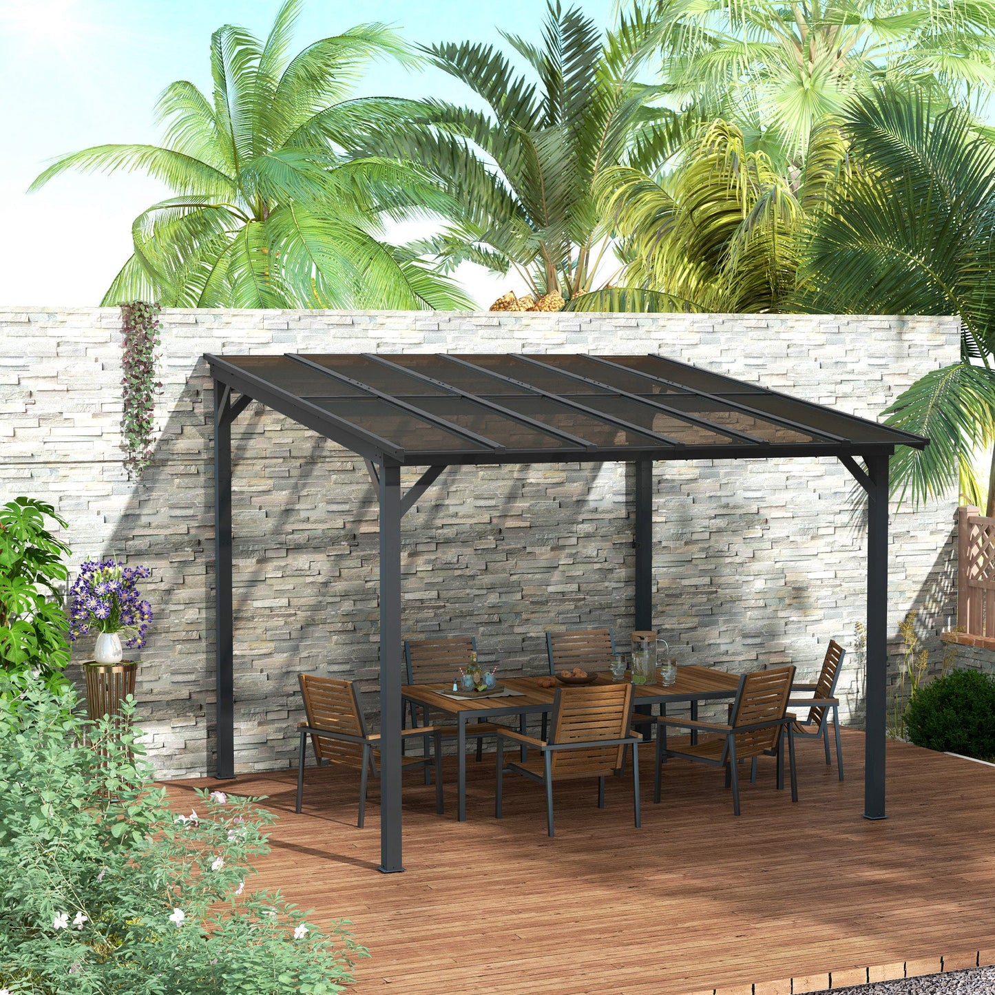 3 x 3(m) Metal Pergola with UPF 50+ and Waterproof Polycarbonate Roof, Wall-Mounted or Free Standing Garden Gazebo, Wind-resistant Outdoor Sun Shade, Dark Grey