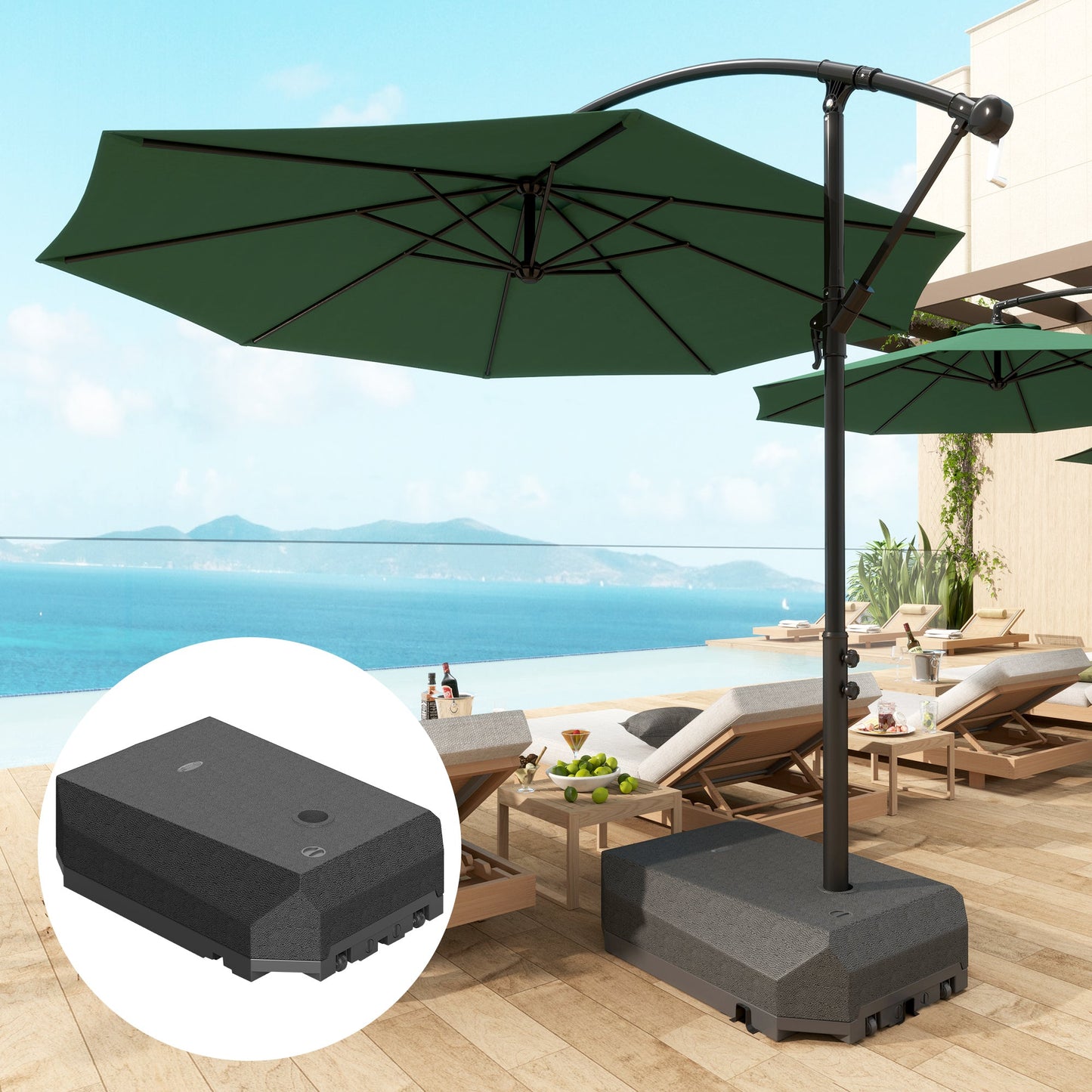 90kg Cantilever Parasol Base with Wheels, Water and Sand Filled Umbrella Stand Weights for Garden Banana Parasol with T-shaped Cross Base and Handle, Black