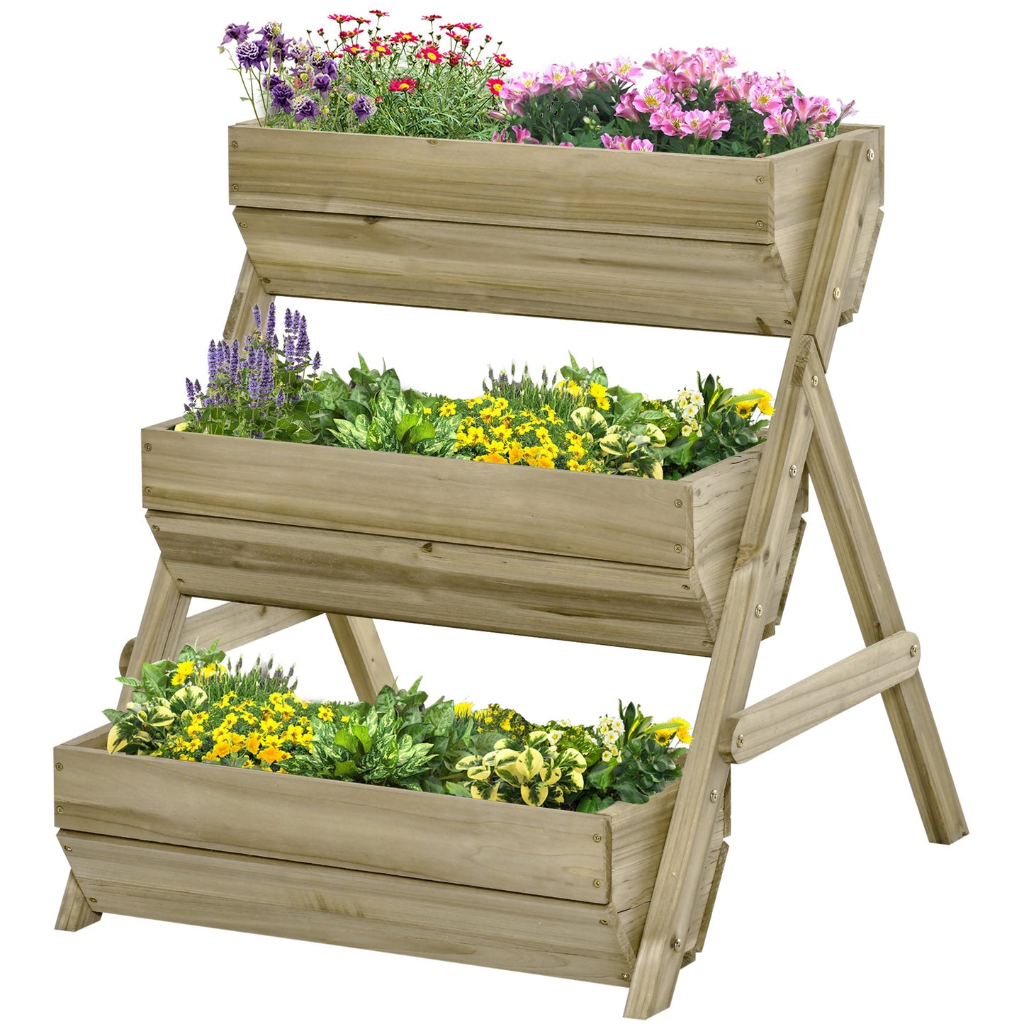 3 Tier 66L Raised Garden Bed Wooden Elevated Planter Box Kit for Flower, Vegetable, Herb, 65 x 75 x 76cm, Green
