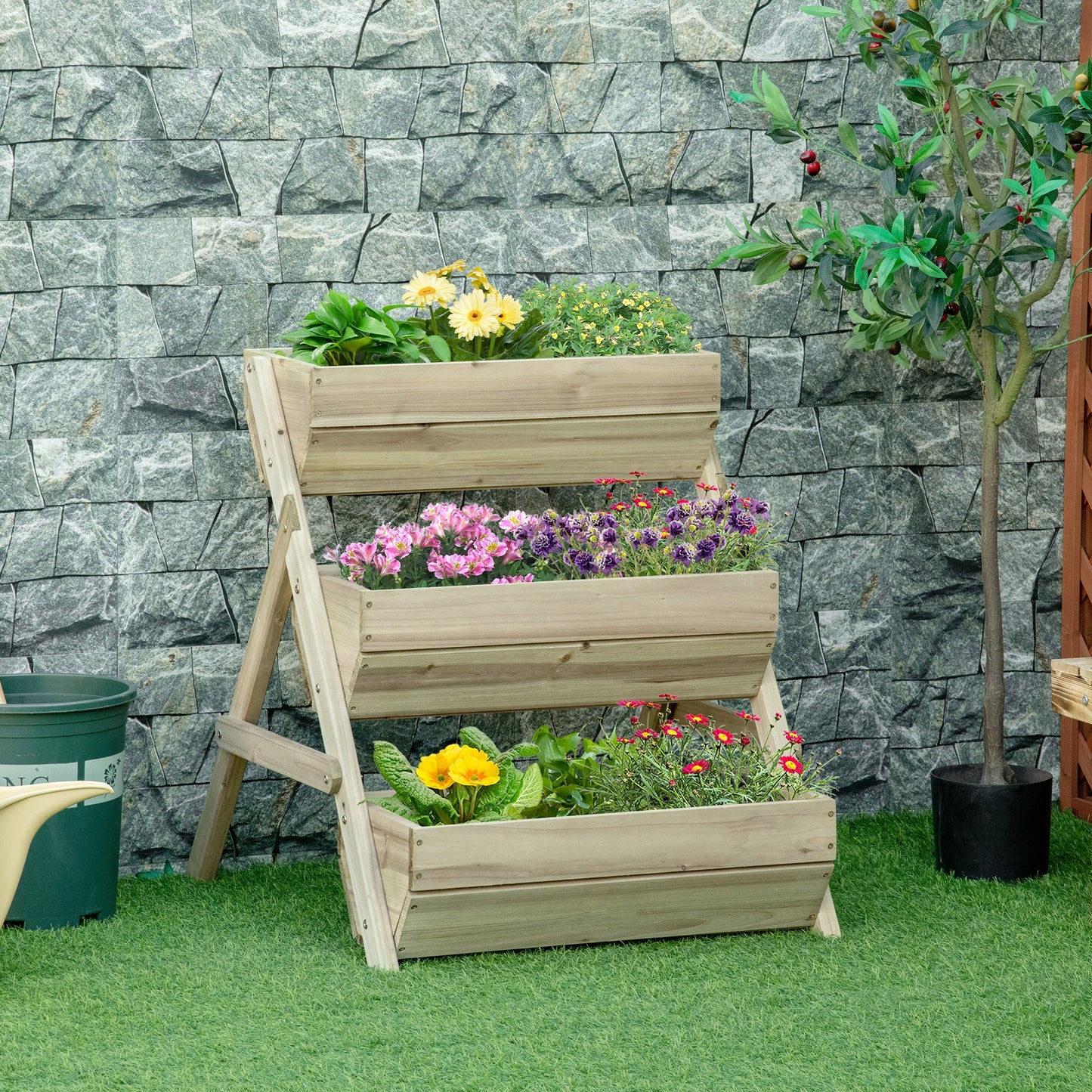 3 Tier 66L Raised Garden Bed Wooden Elevated Planter Box Kit for Flower, Vegetable, Herb, 65 x 75 x 76cm, Green