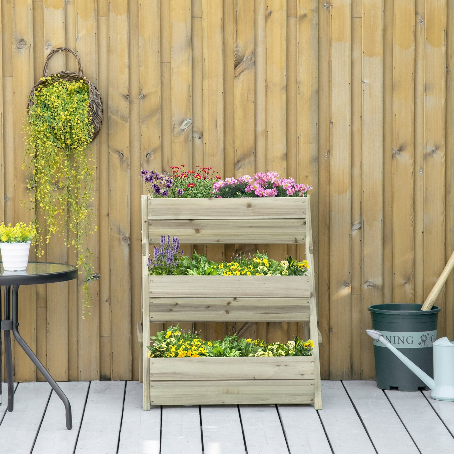 3 Tier 66L Raised Garden Bed Wooden Elevated Planter Box Kit for Flower, Vegetable, Herb, 65 x 75 x 76cm, Green