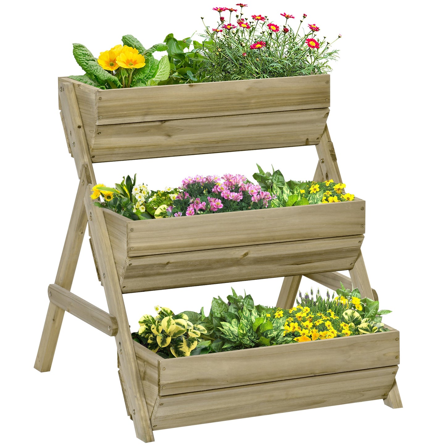 3 Tier 66L Raised Garden Bed Wooden Elevated Planter Box Kit for Flower, Vegetable, Herb, 65 x 75 x 76cm, Green